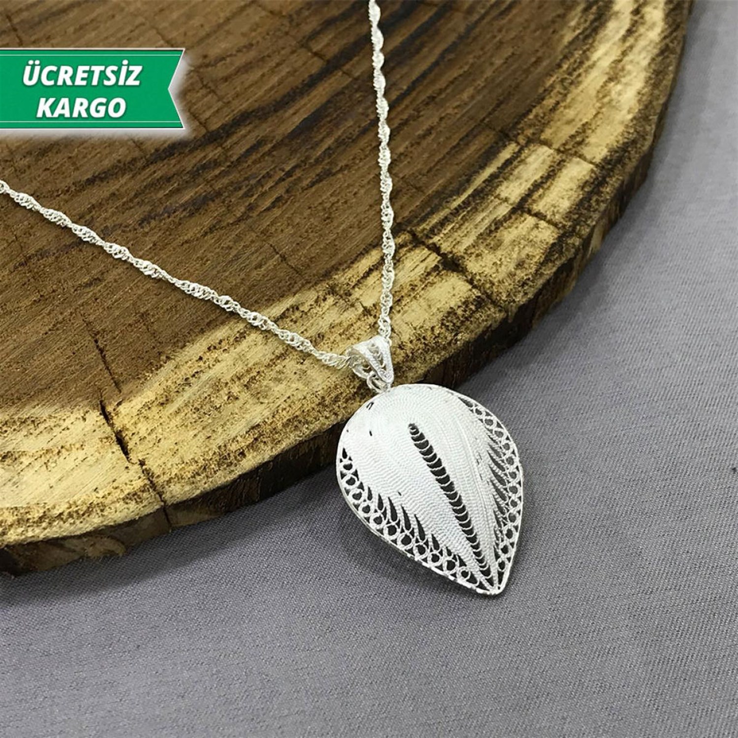 Yaprak Model Midyat Yöresel Telkari Gümüş Kolye Ucu