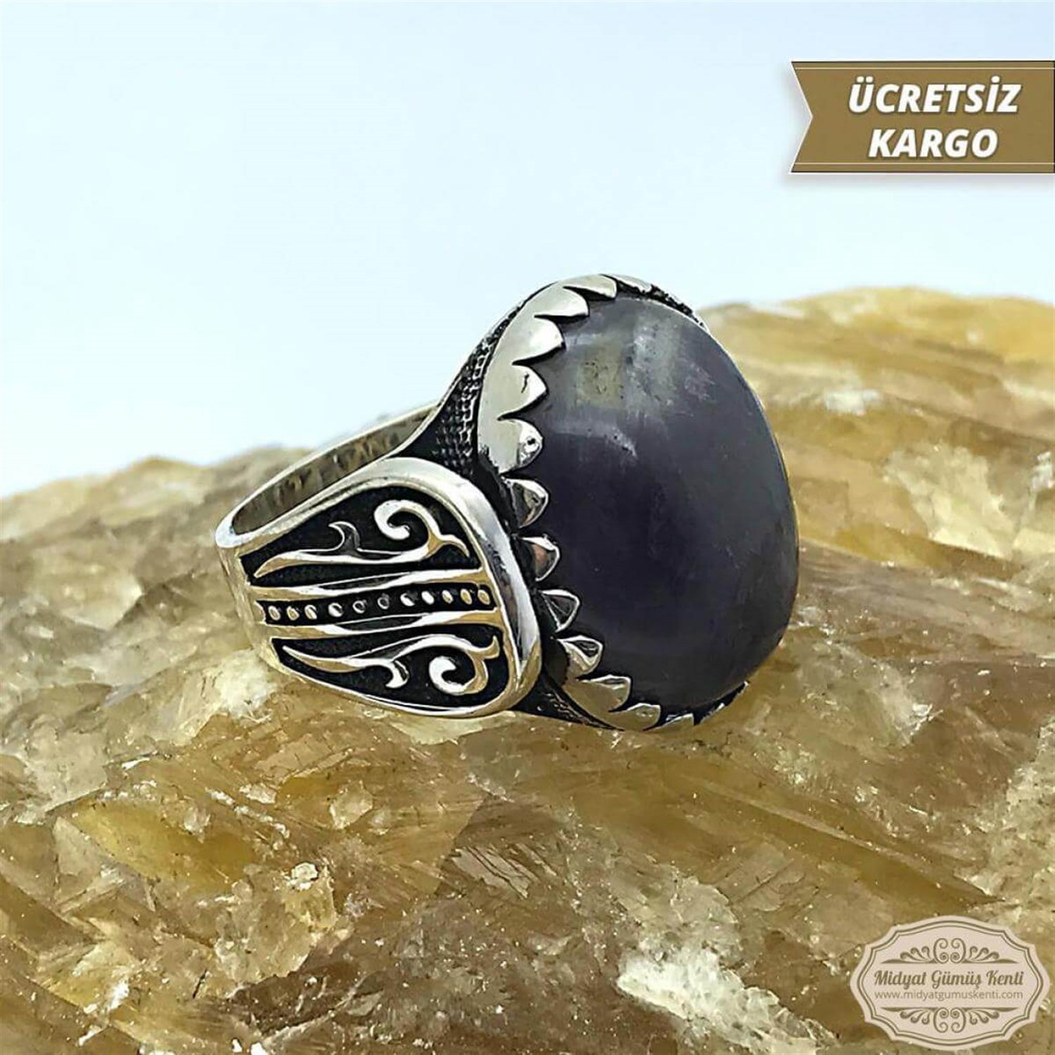 Yemek Akik Taşlı Elips Model işlemeli 925 Ayar Erkek Gümüş Yüzük