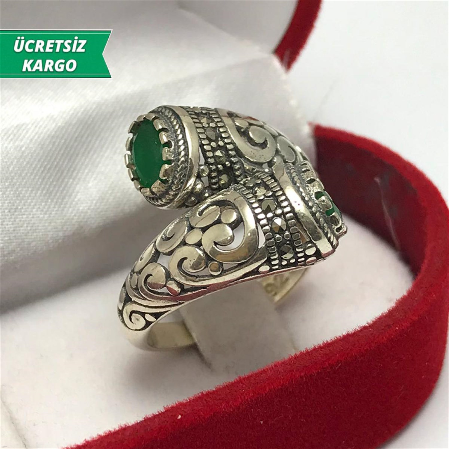 Yeşim Taşlı Markazit Bayan Gümüş Yüzük