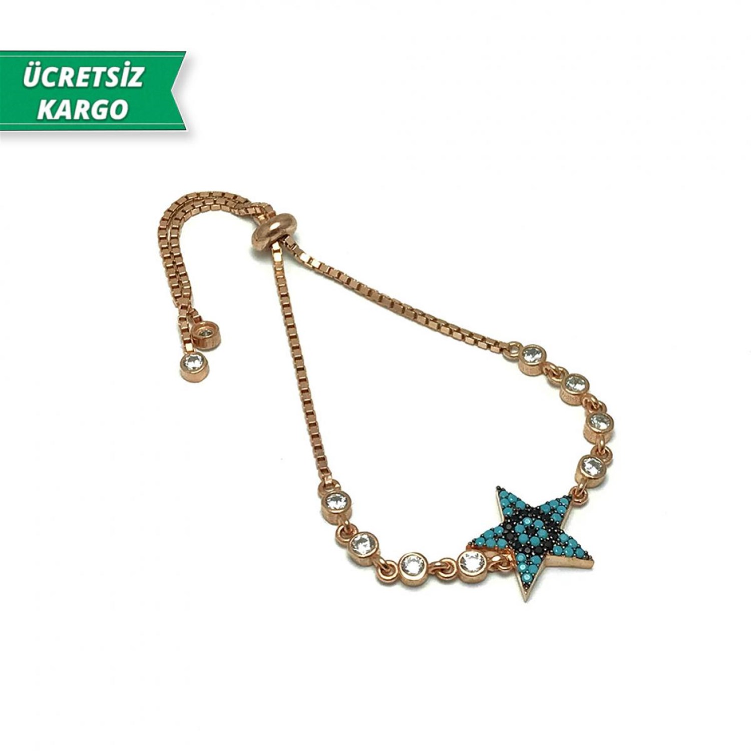 Yıldız Model Mikro-Firuze Taşlı Rose Kaplamalı Asansörlü Bayan Gümüş Bileklik