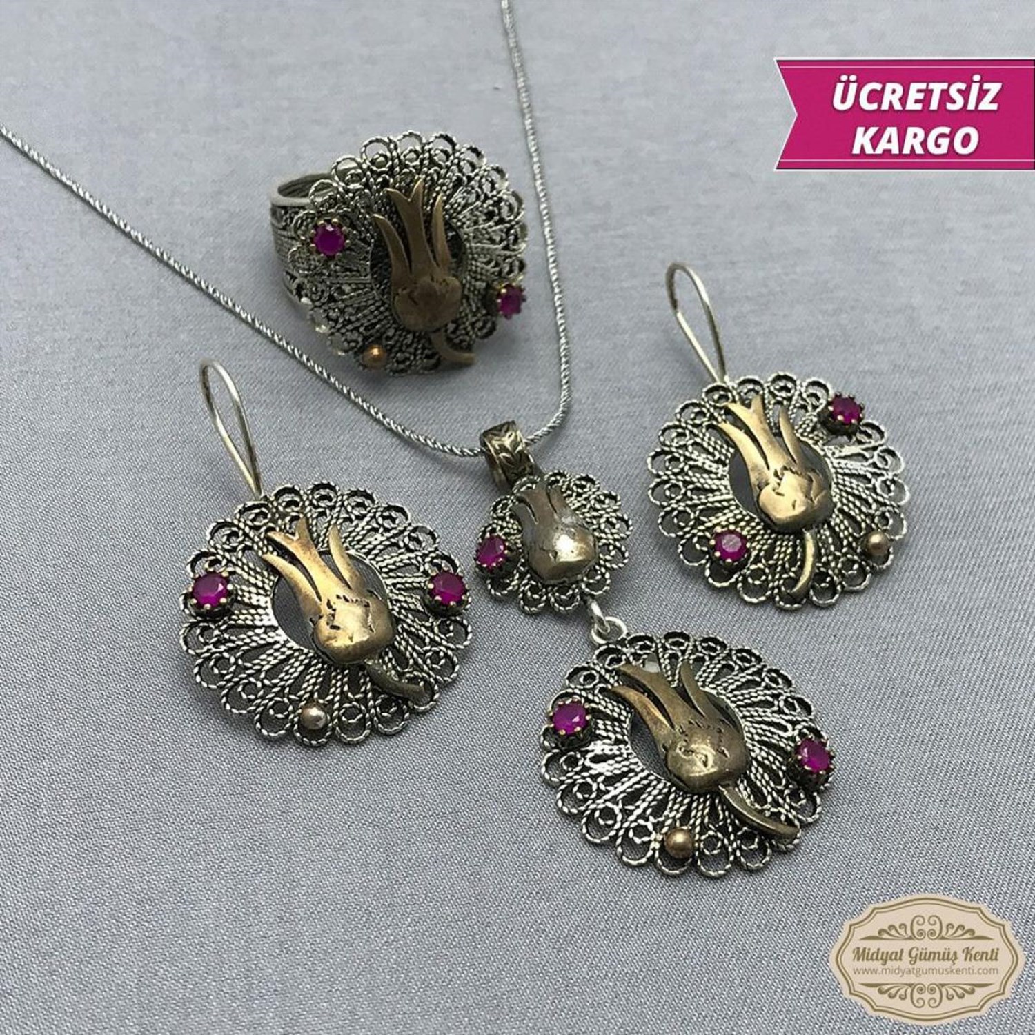 Yuvarlak Lale Model Taşlı 925 Ayar Bayan Oksitli Telkari Gümüş Üçlü Set