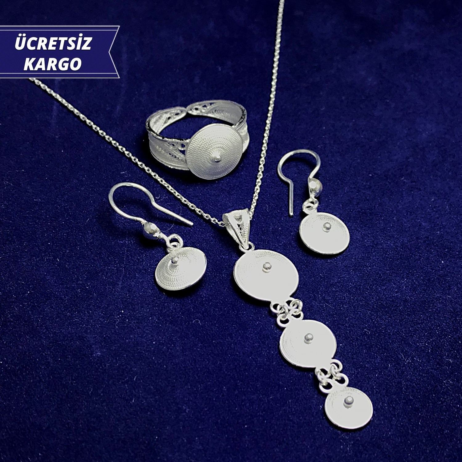 Yuvarlak Model 925 Ayar Telkari Bayan Gümüş Üçlü Set