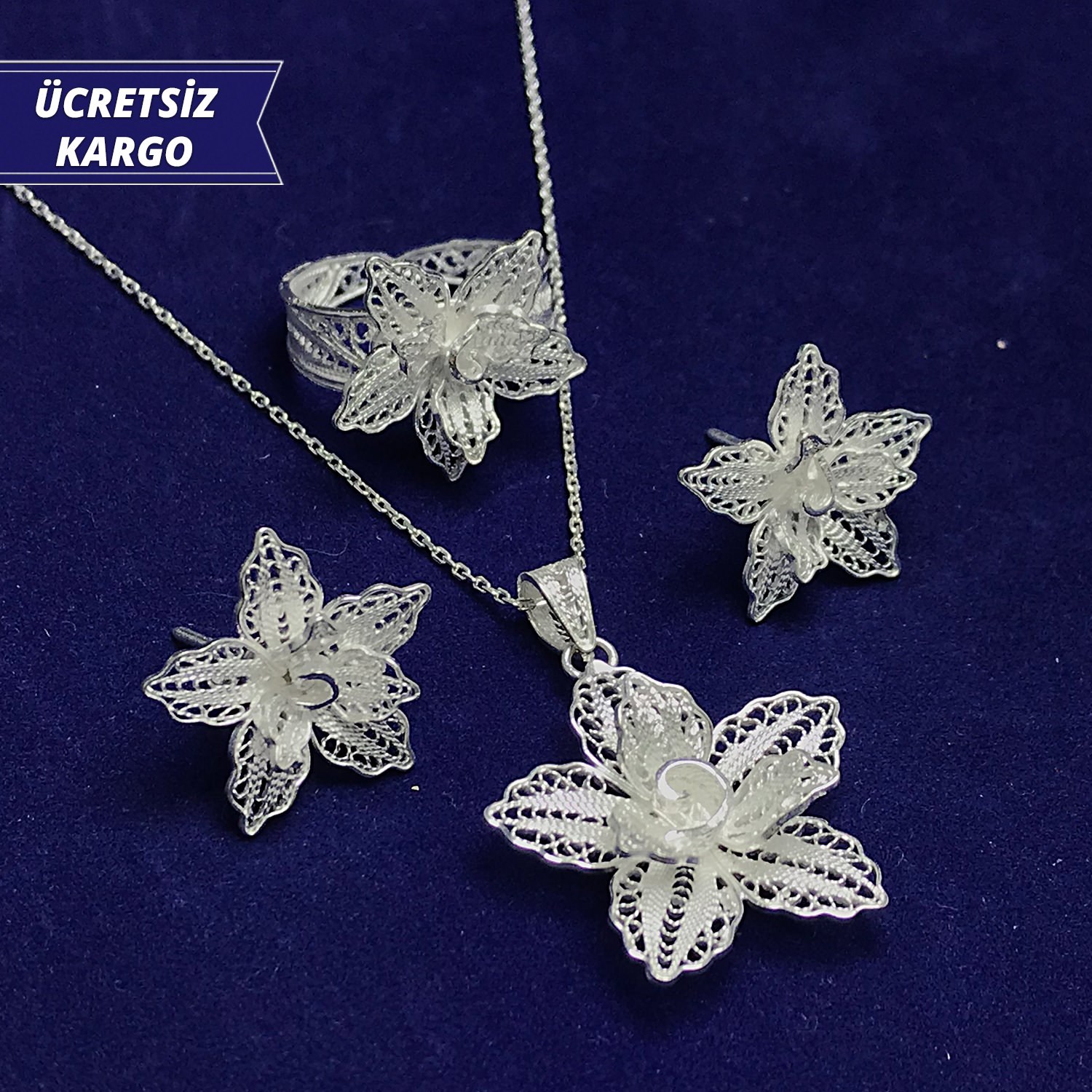 Zambak Model 925 Ayar Telkari Bayan Gümüş Üçlü Set