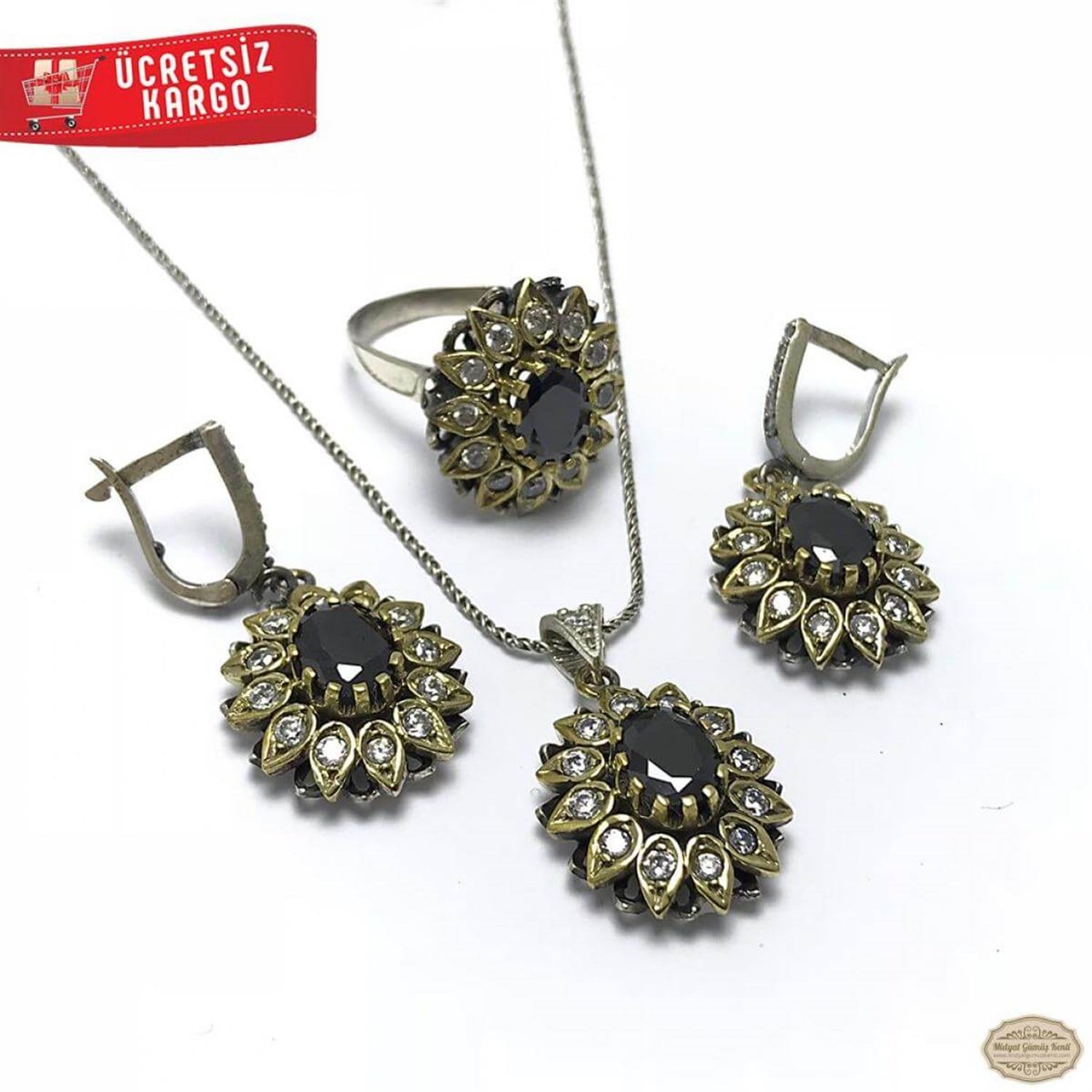 Zirkon Taşlı Çiçek Model 925 Ayar Otantik Gümüş Üçlü Set 