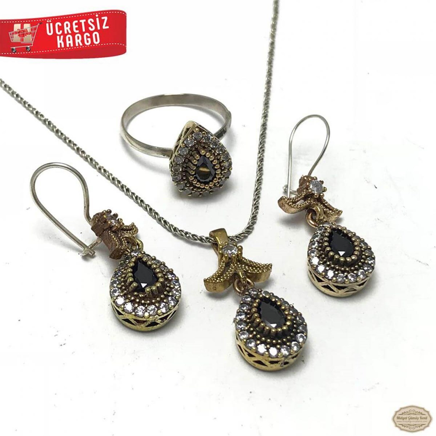 Zirkon Taşlı Damla Model 925 Ayar Otantik Gümüş Üçlü Set 