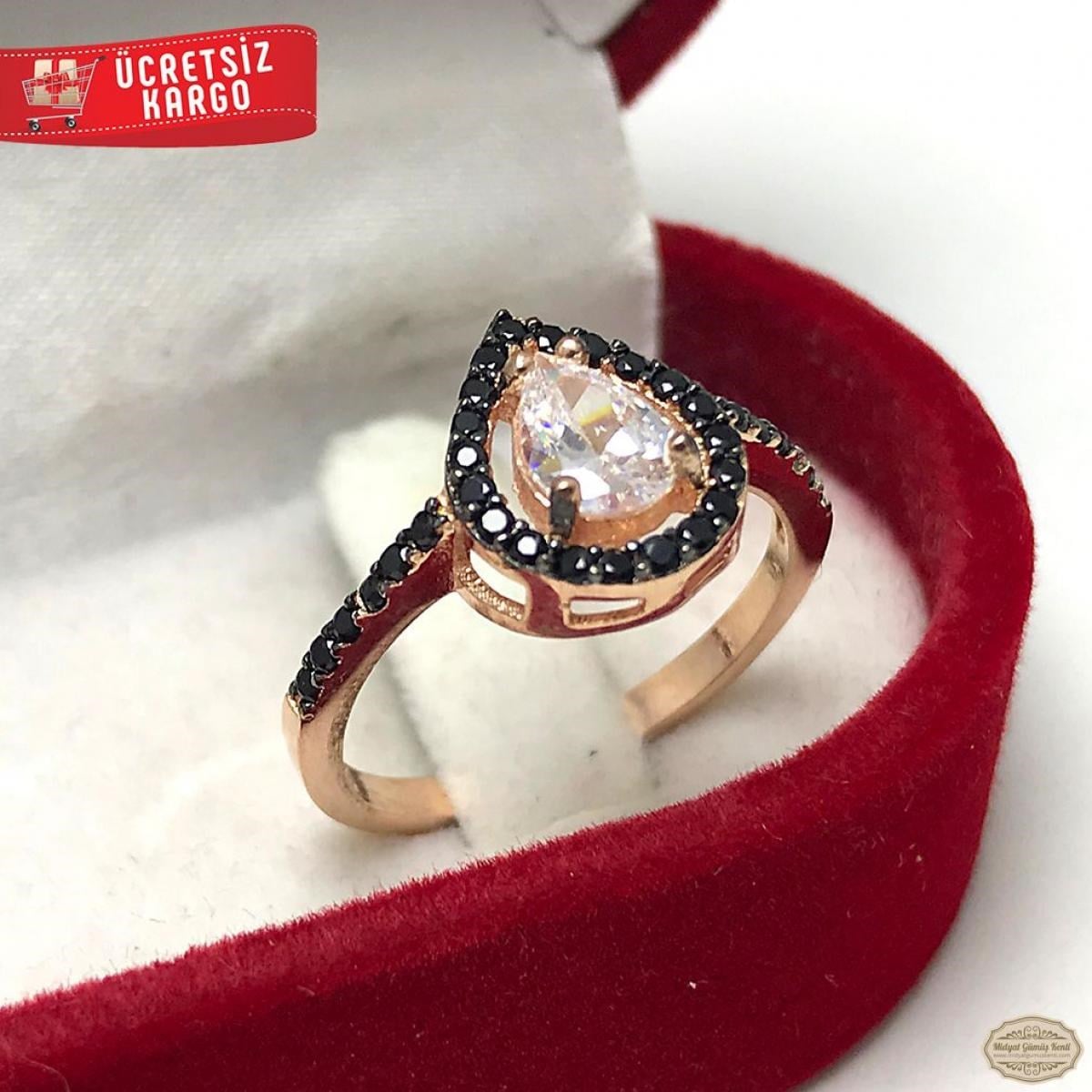 Zirkon Taşlı Damla Model Rozlu 925 Ayar Gümüş Yüzük