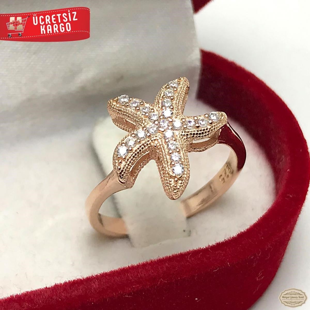 Zirkon Taşlı Deniz Yıldızı Model Rozlu 925 Ayar Gümüş Yüzük 
