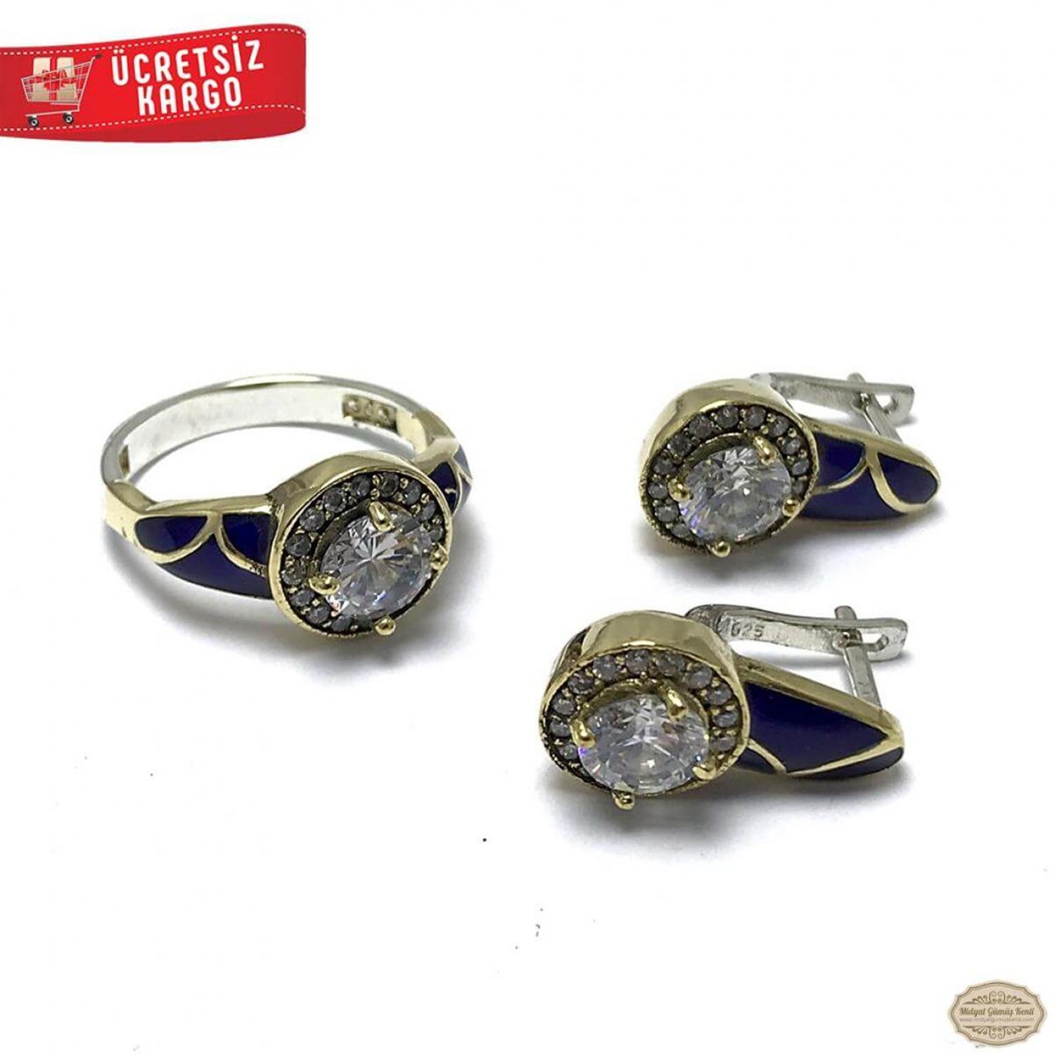 Zirkon Taşlı Mineli Model 925 Ayar Otantik Gümüş ikili Set 