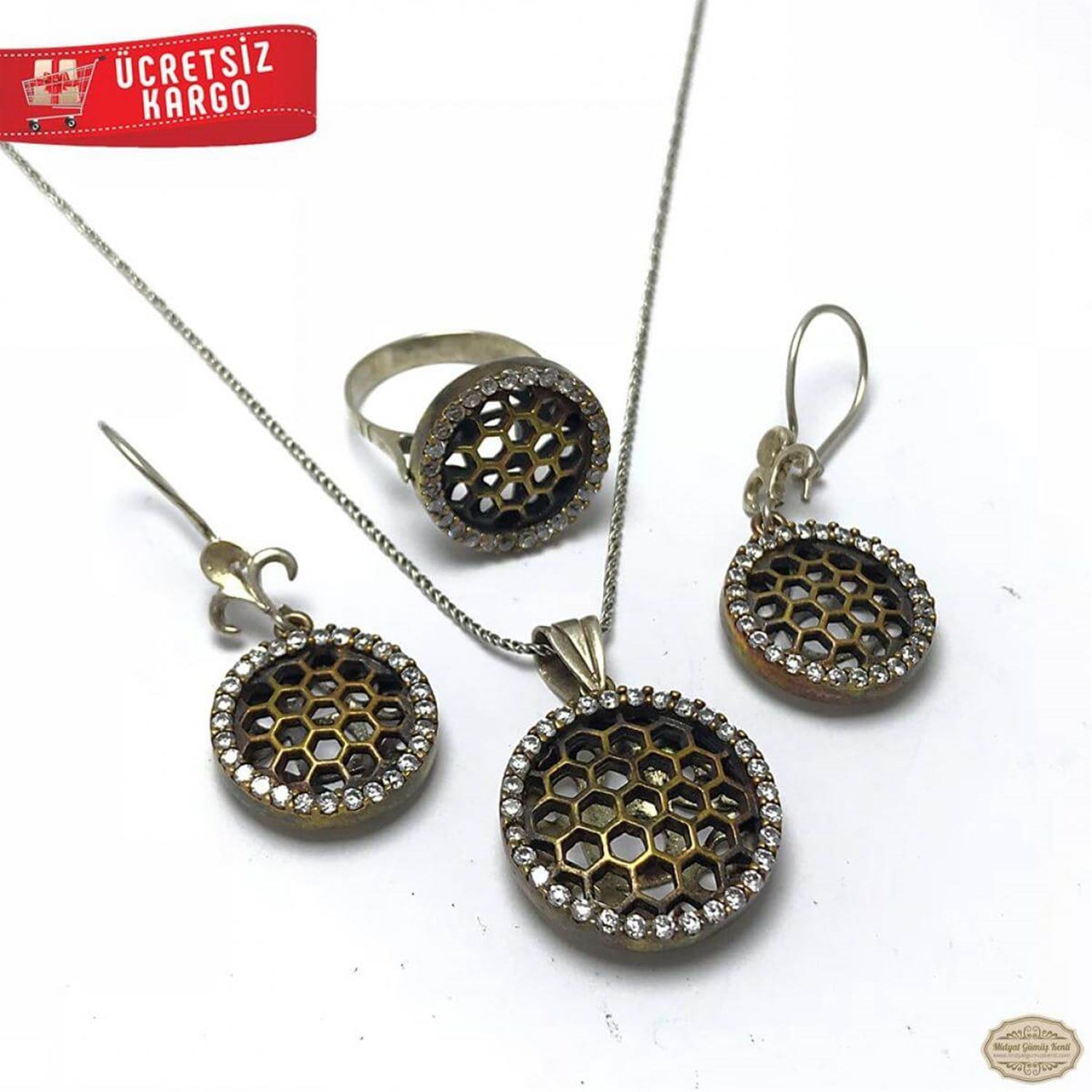 Zirkon Taşlı Petek Model 925 Ayar Otantik Gümüş Üçlü Set 
