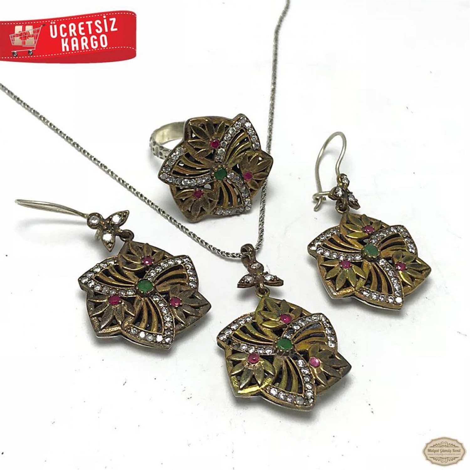 Zirkon Taşlı Rüzgar Gülü Model 925 Ayar Otantik Gümüş Üçlü Set 