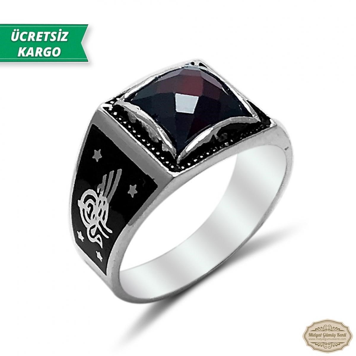 Zirkon Taşlı Tuğralı Model 925 Ayar Gümüş Erkek Yüzük
