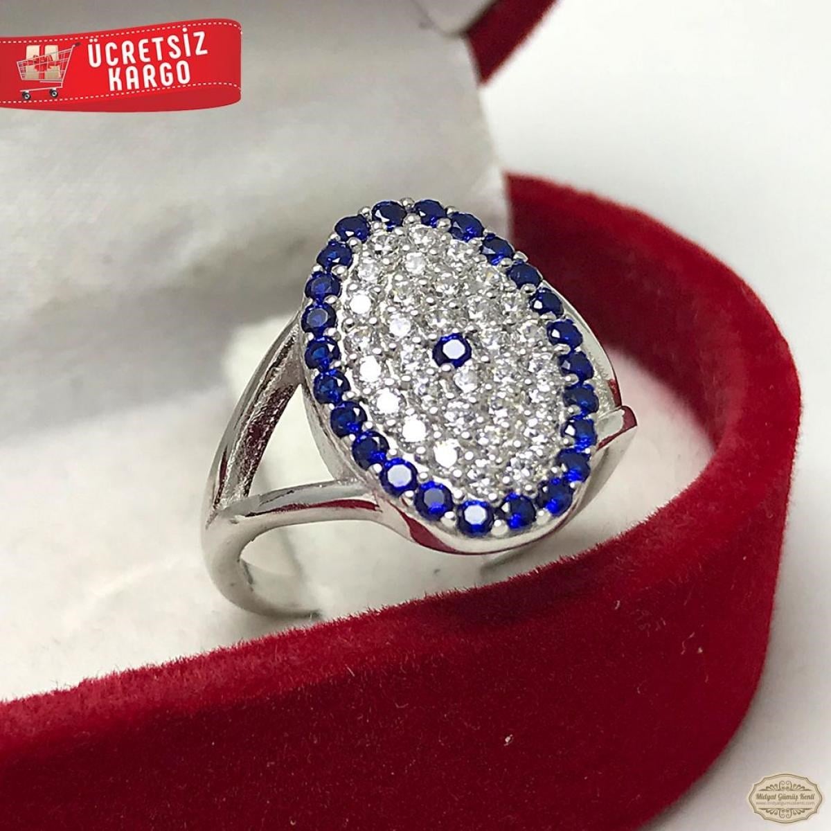 Zirkon Ve Safir Taşlı Elips Model 925 Ayar Gümüş Yüzük