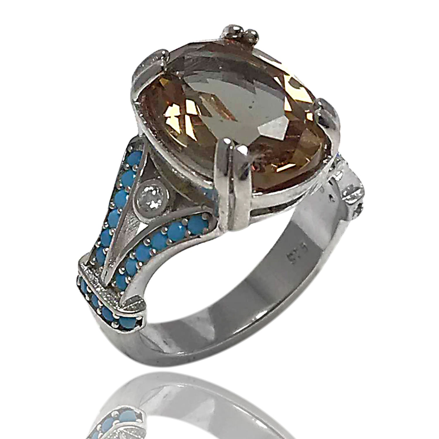 Zultanit Taşlı Firüze Süslemeli Bayan Gümüş Yüzük