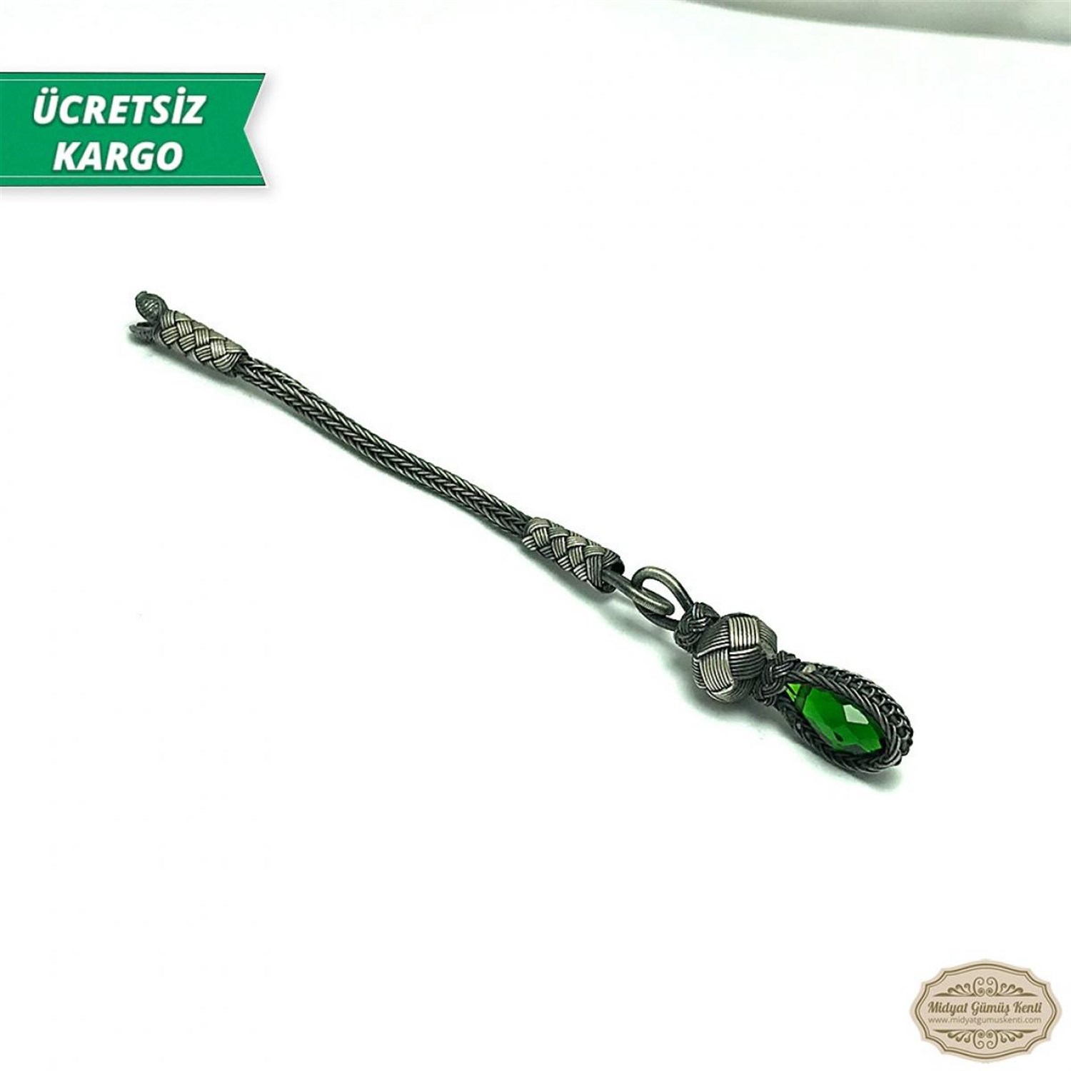 Zümrüt Taşlı 1000 Ayar Kazaziye Gümüş Tespih Püskülü