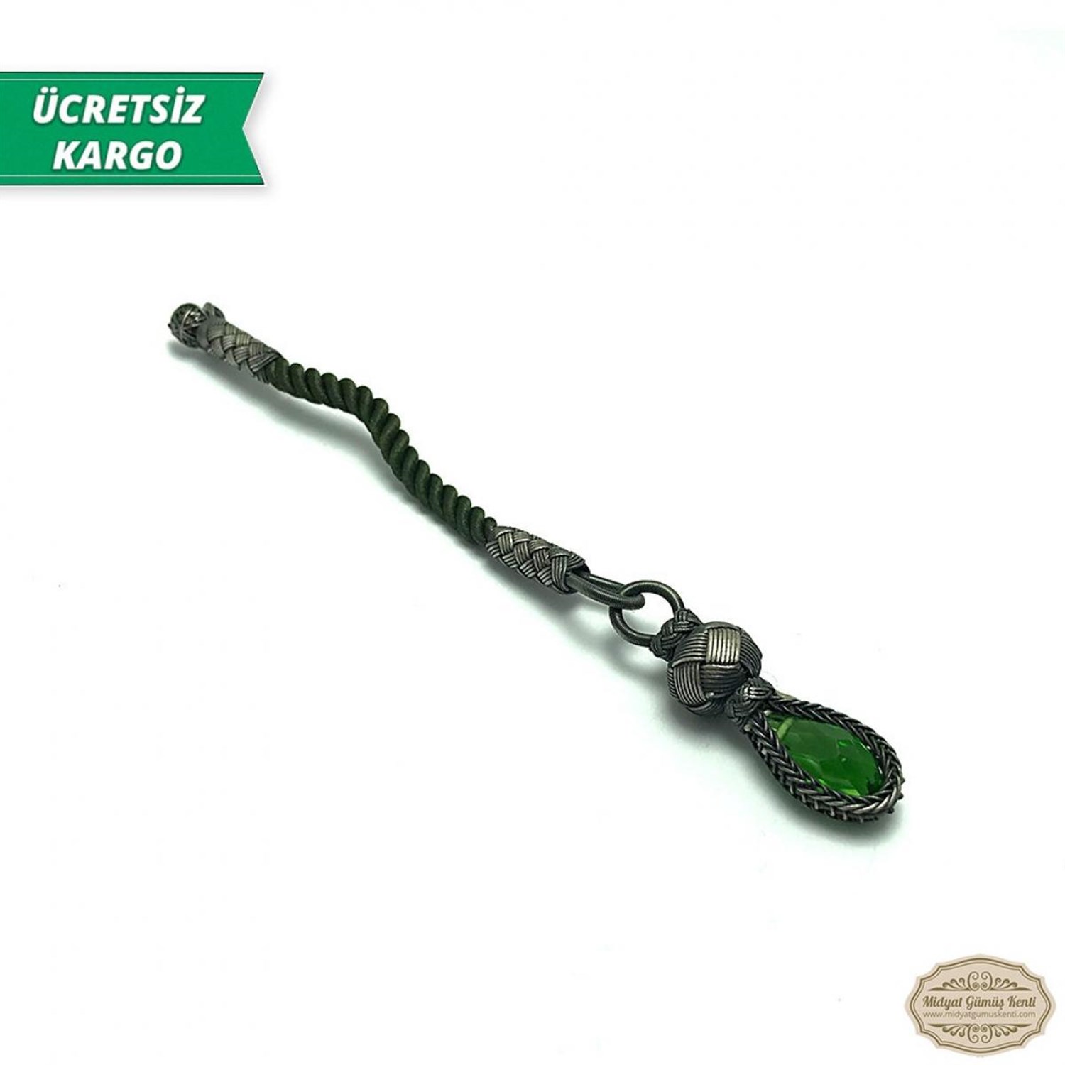 Zümrüt Taşlı 1000 Ayar Kazaziye Gümüş Tespih Püskülü