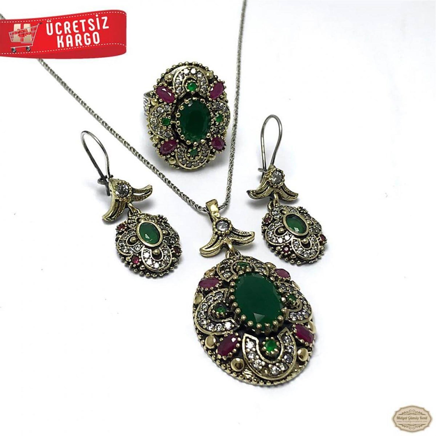 Zümrüt Taşlı Çiçek Model 925 Ayar Otantik Gümüş Üçlü Set 