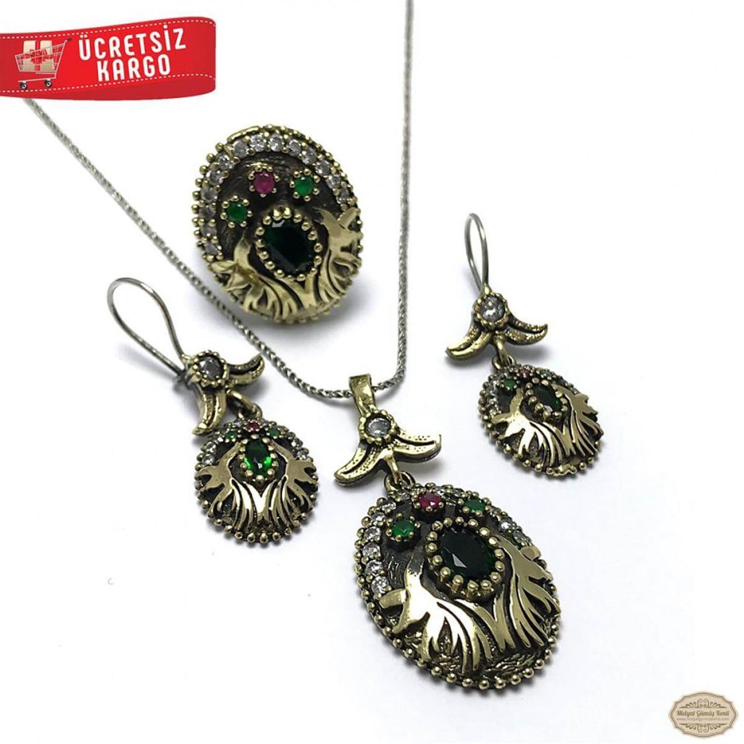 Zümrüt Taşlı Çift Semazen Model 925 Ayar Otantik Gümüş Üçlü Set 