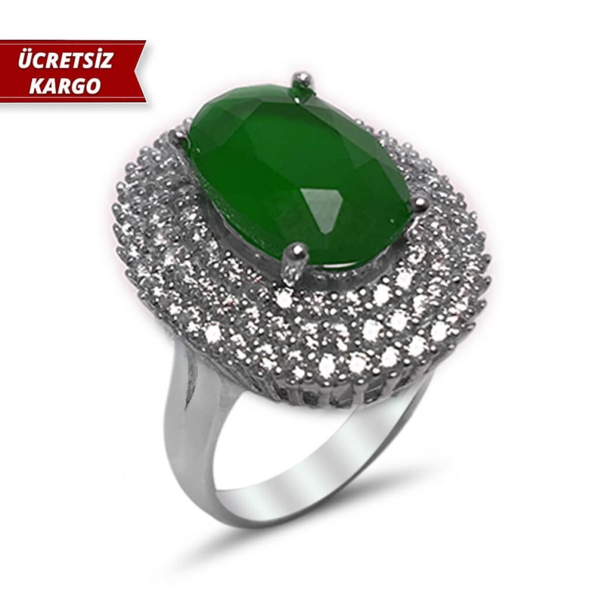 Zümrüt Taşlı Elips Model Zirkon Gümüş Yüzük