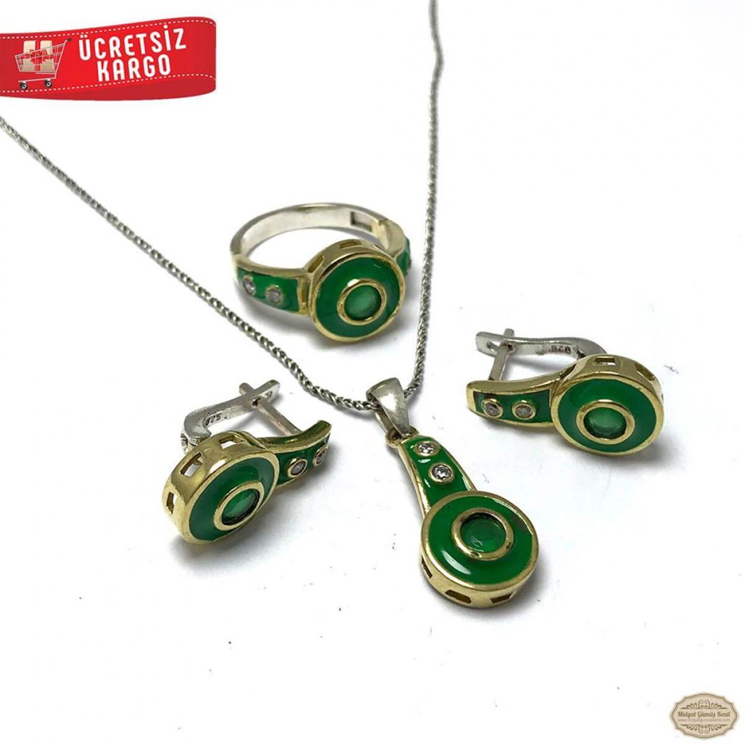 Zümrüt Taşlı Mineli Model 925 Ayar Otantik Gümüş Üçlü Set 