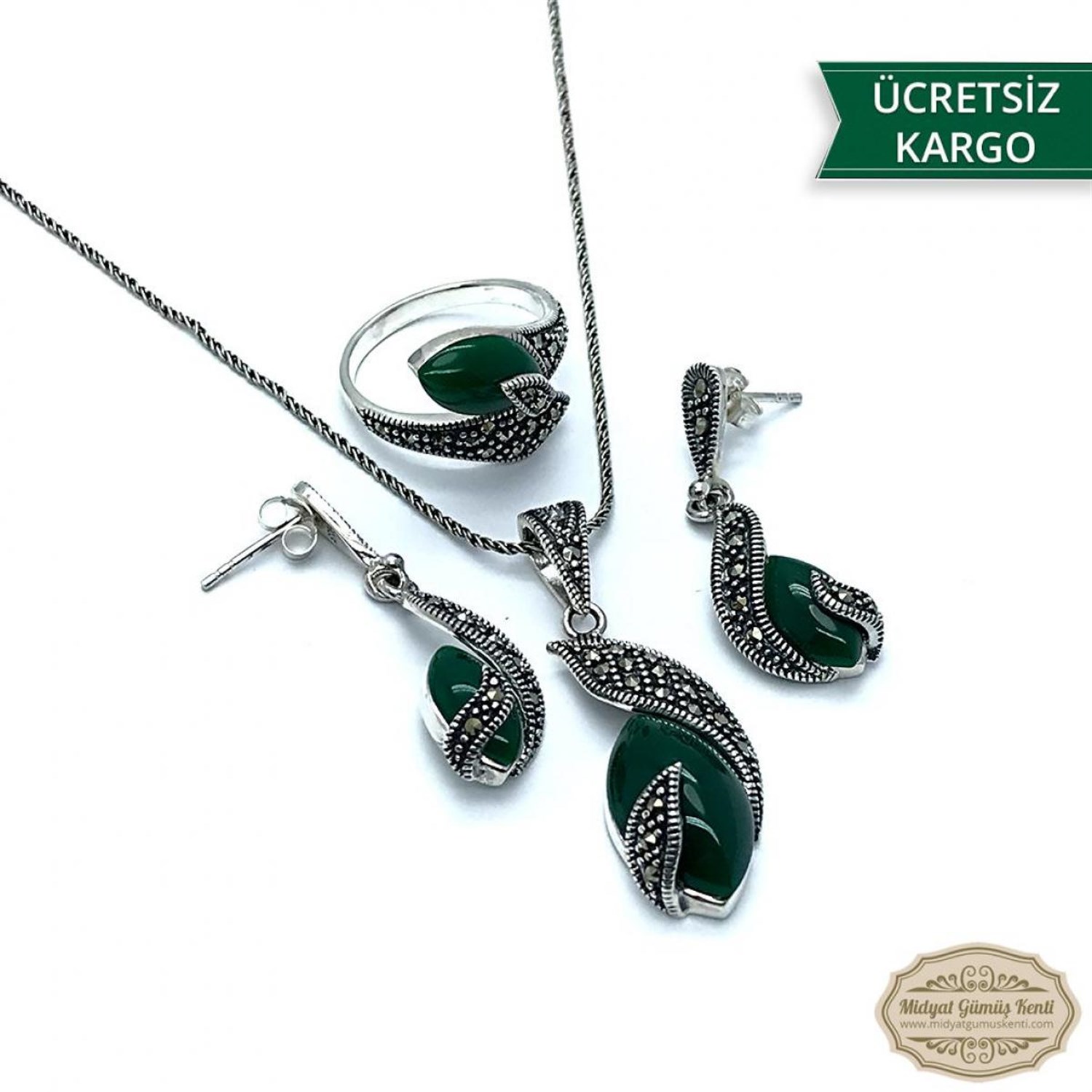 Zümrüt Taşlı Sarmal Çekik Model Markazit Gümüş Üçlü Set