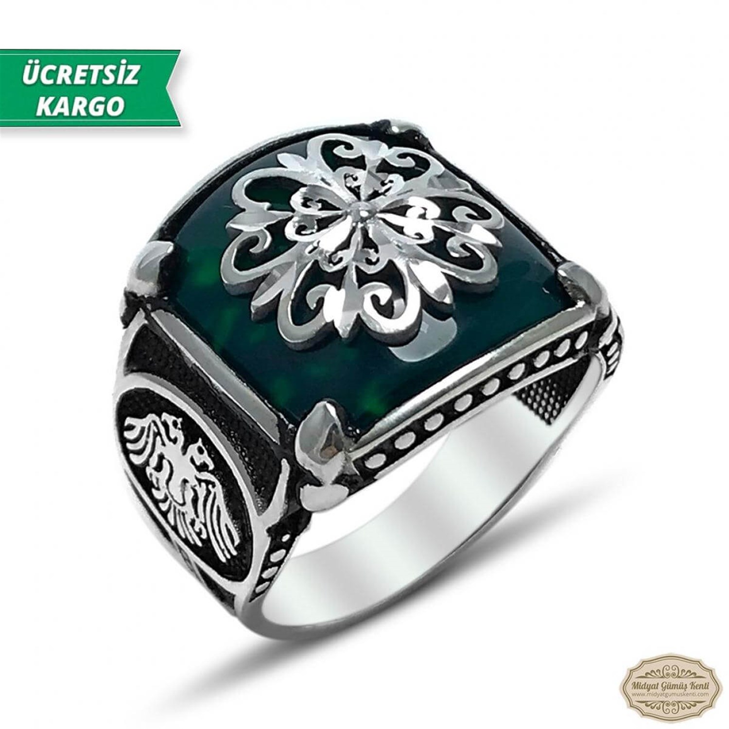 Zümrüt Taşlı Selçuklu Kartal Model 925 Ayar Gümüş Erkek Yüzük