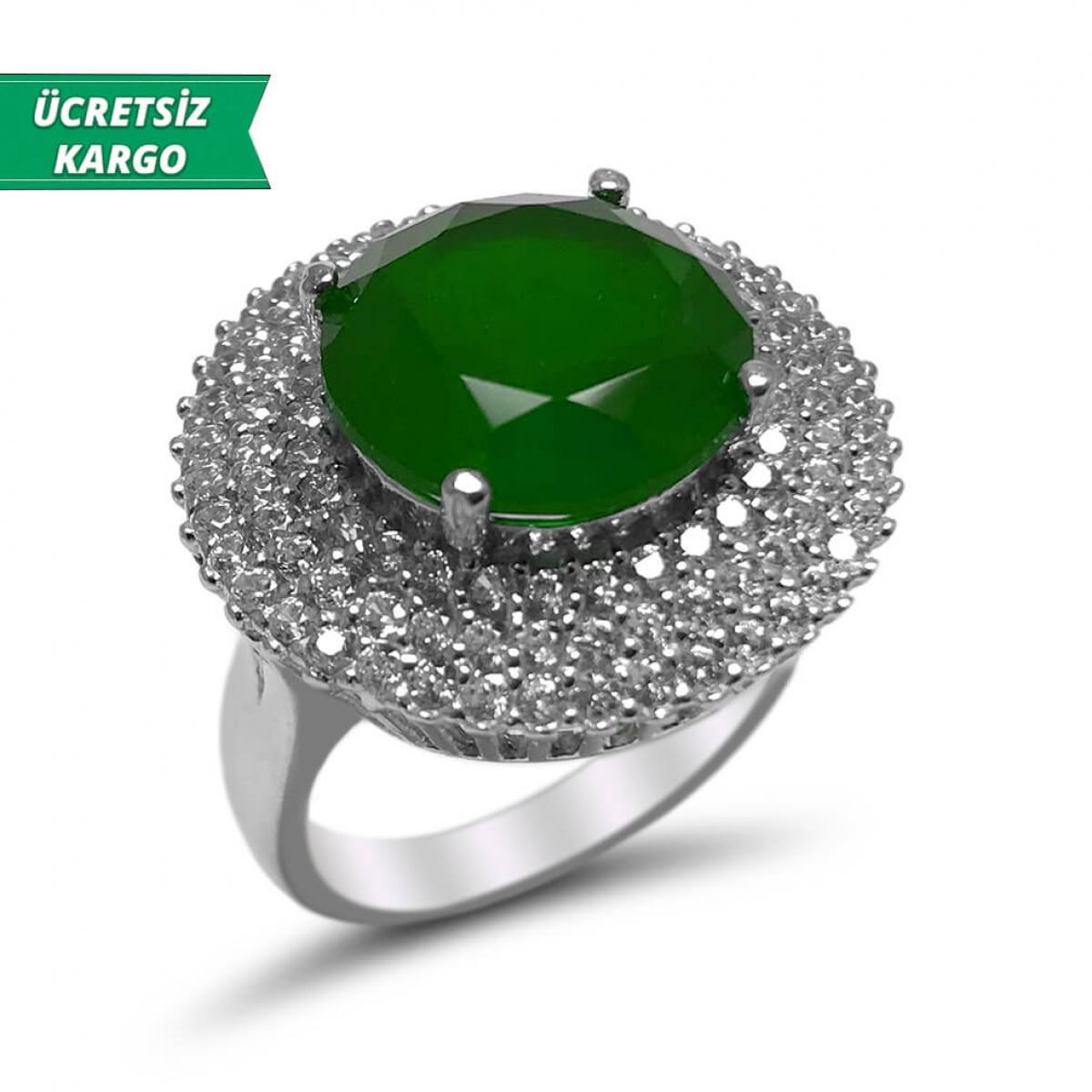 Zümrüt Taşlı Tamtur Model Zirkon Gümüş Yüzük