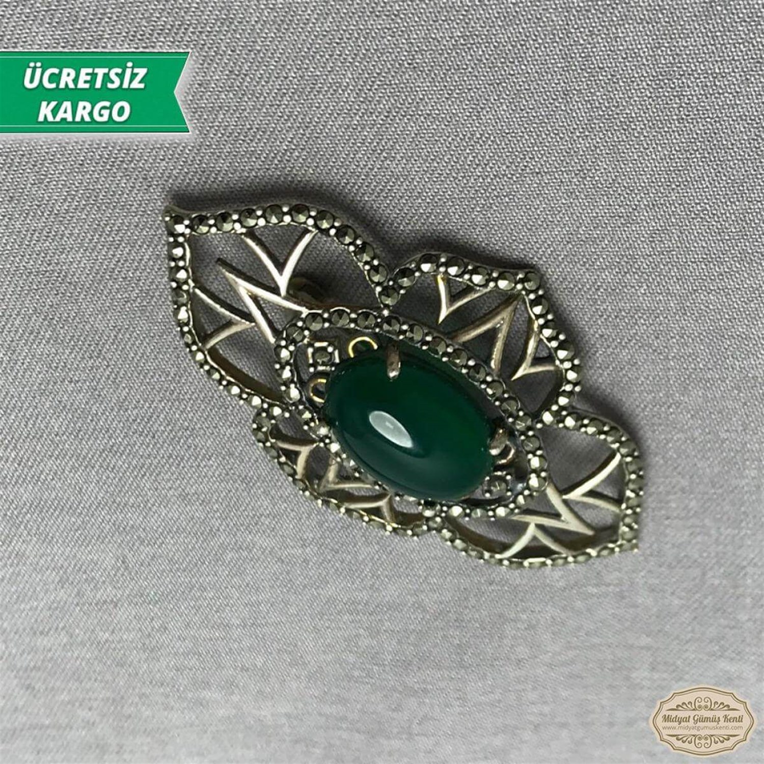 Zümrüt Taşlı Telkari Bayan Gümüş Broş