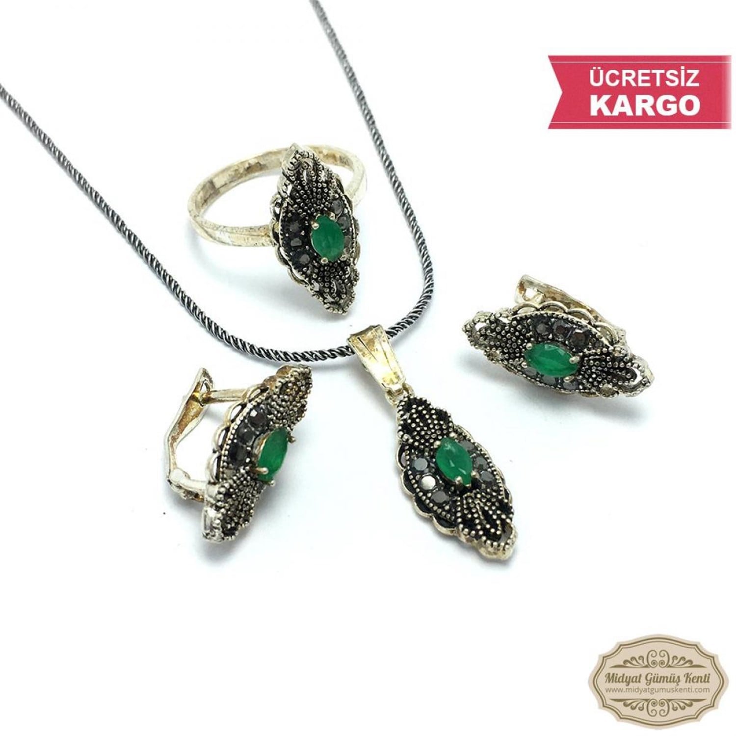 Zümrüt ve Markazit Taşlı Çekik Model Markazit Gümüş Üçlü Set