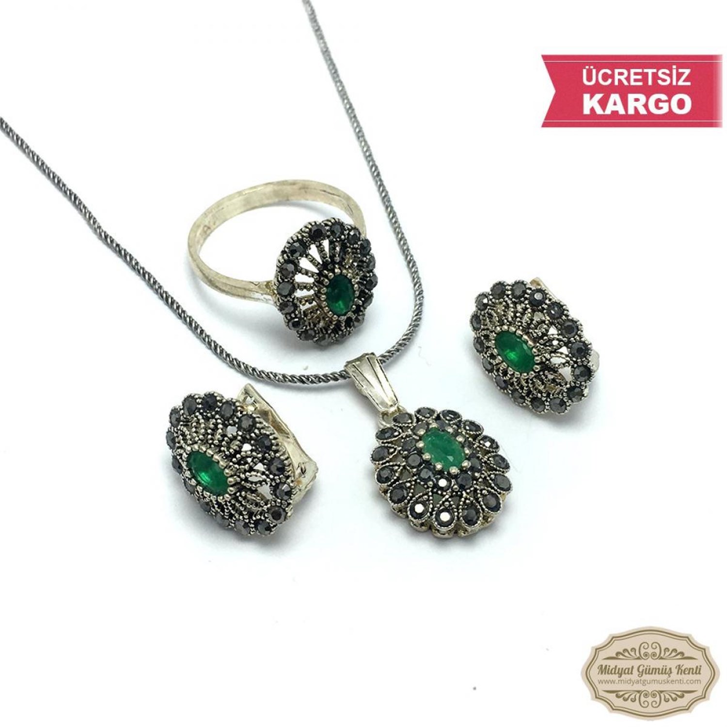 Zümrüt ve Markazit Taşlı Çiçek Model Markazit Gümüş Üçlü Set