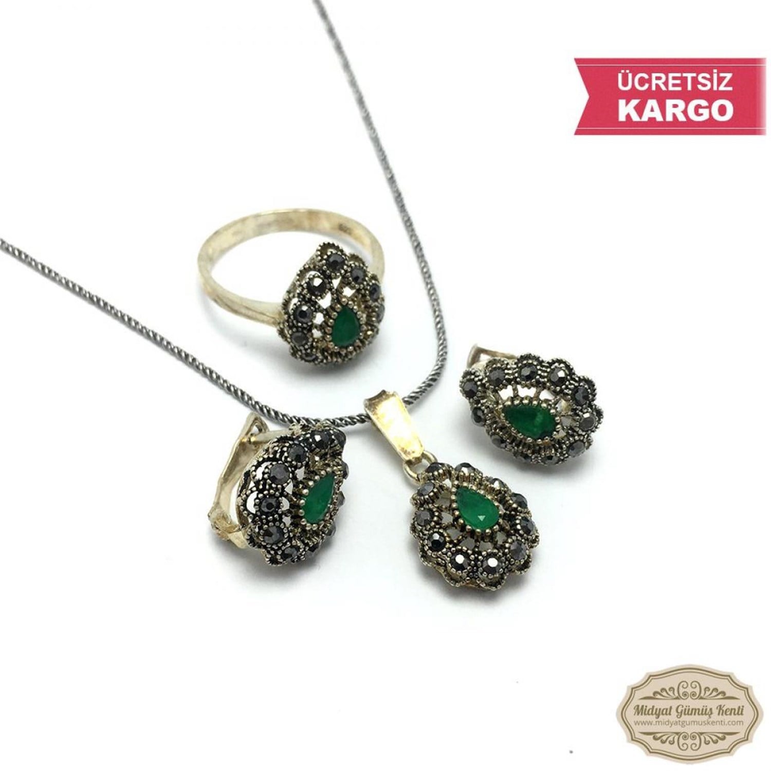 Zümrüt ve Markazit Taşlı Damla Model Markazit Gümüş Üçlü Set