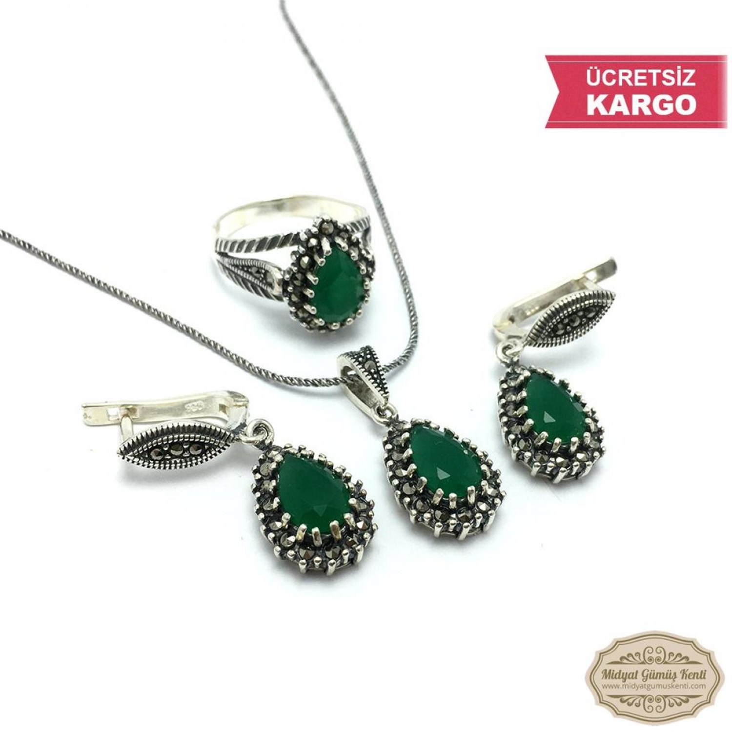 Zümrüt ve Markazit Taşlı Damla Model Markazit Gümüş Üçlü Set