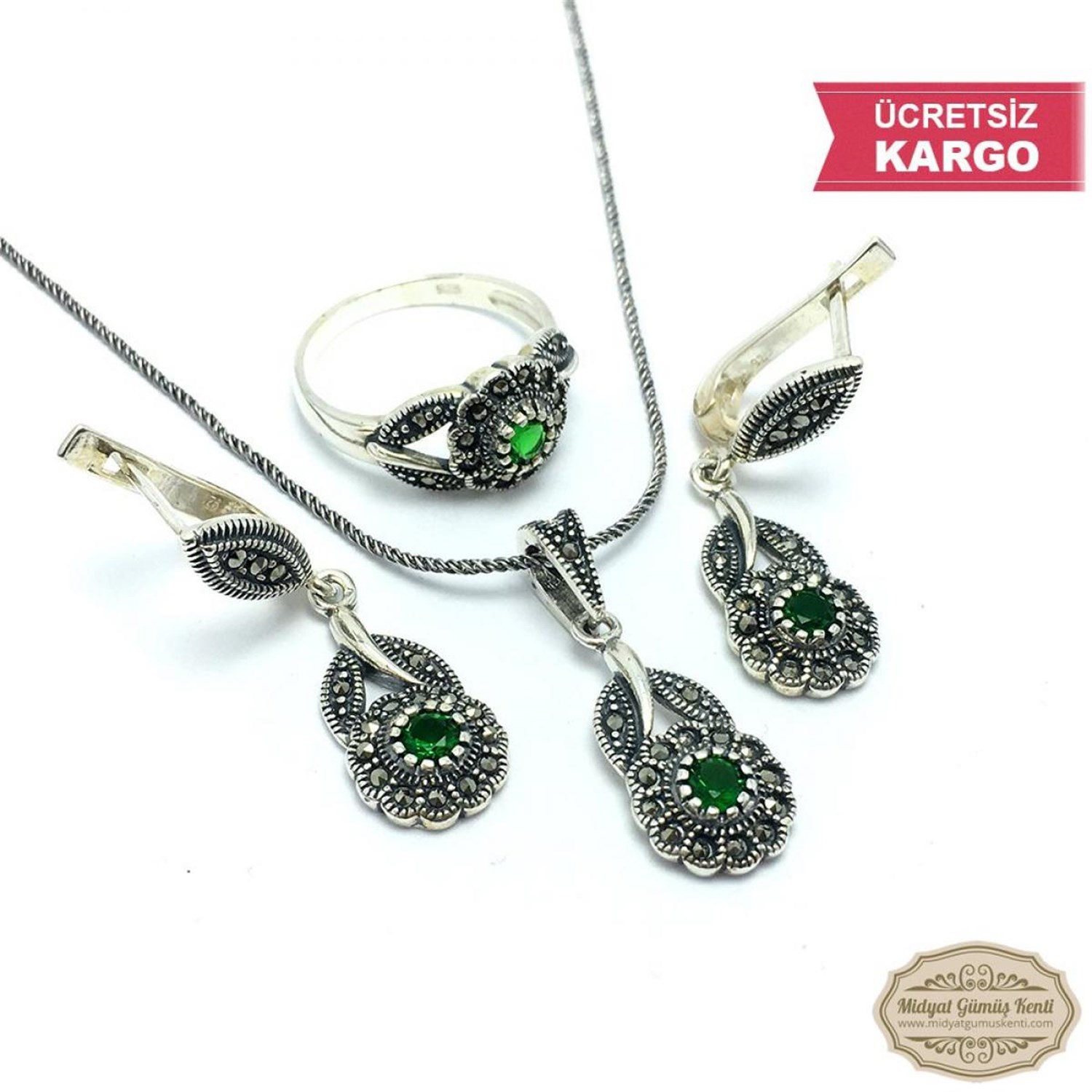 Zümrüt ve Markazit Taşlı Gül Model Markazit Gümüş Üçlü Set