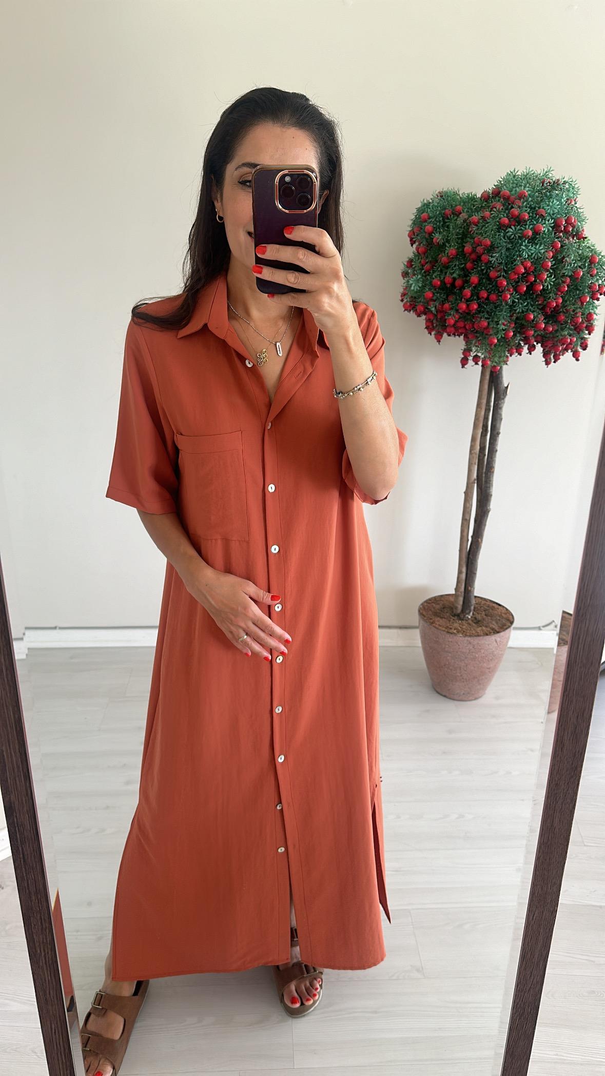 Kiremit   Kısakollu Gömlek Elbise