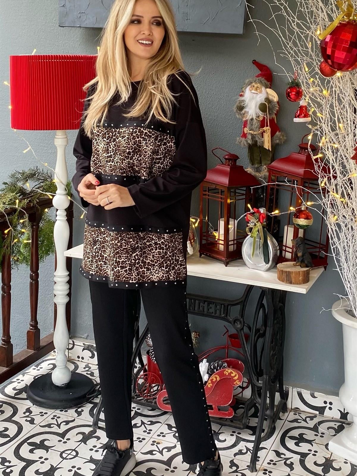 Siyah Begona Leopar Detaylı Sweat