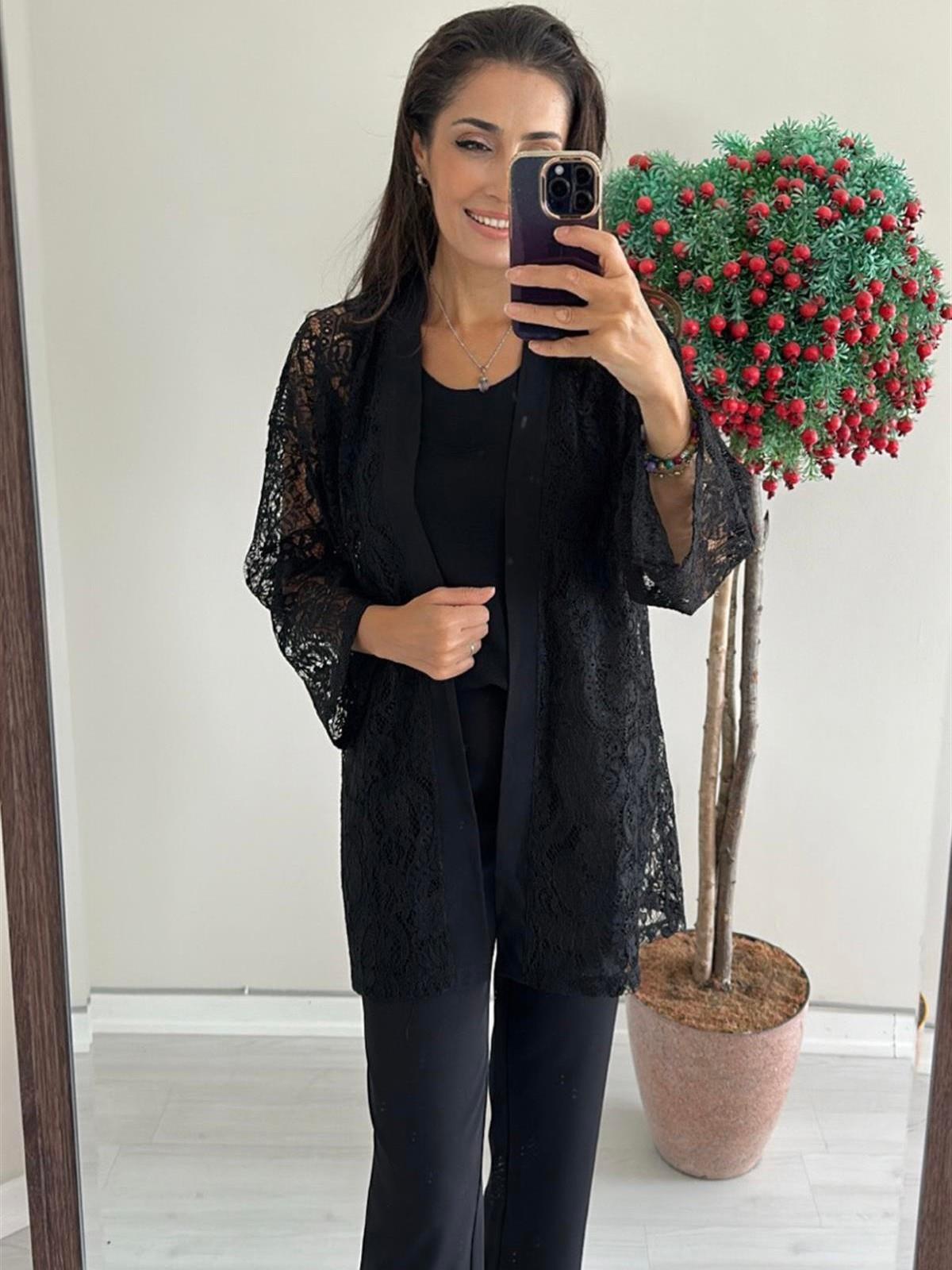 Siyah Dantel Kimono Ceket 