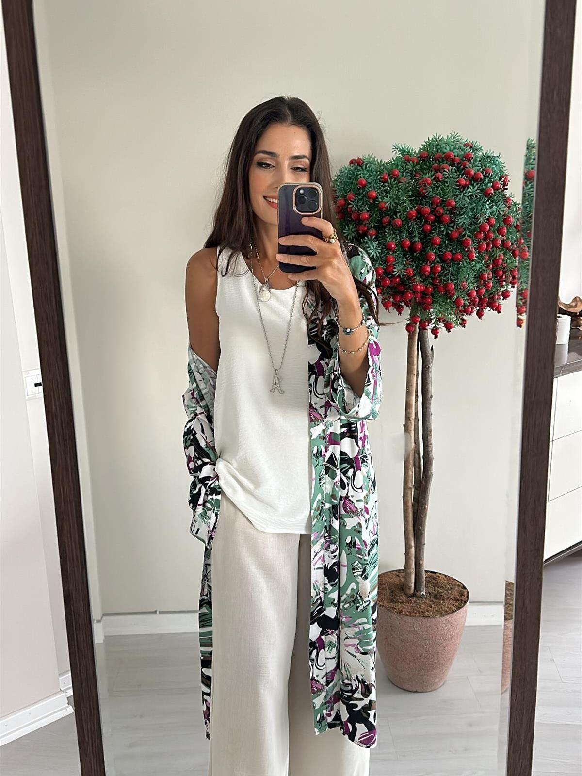 Beyaz Spring Uzun Renkli Desenli Kimono