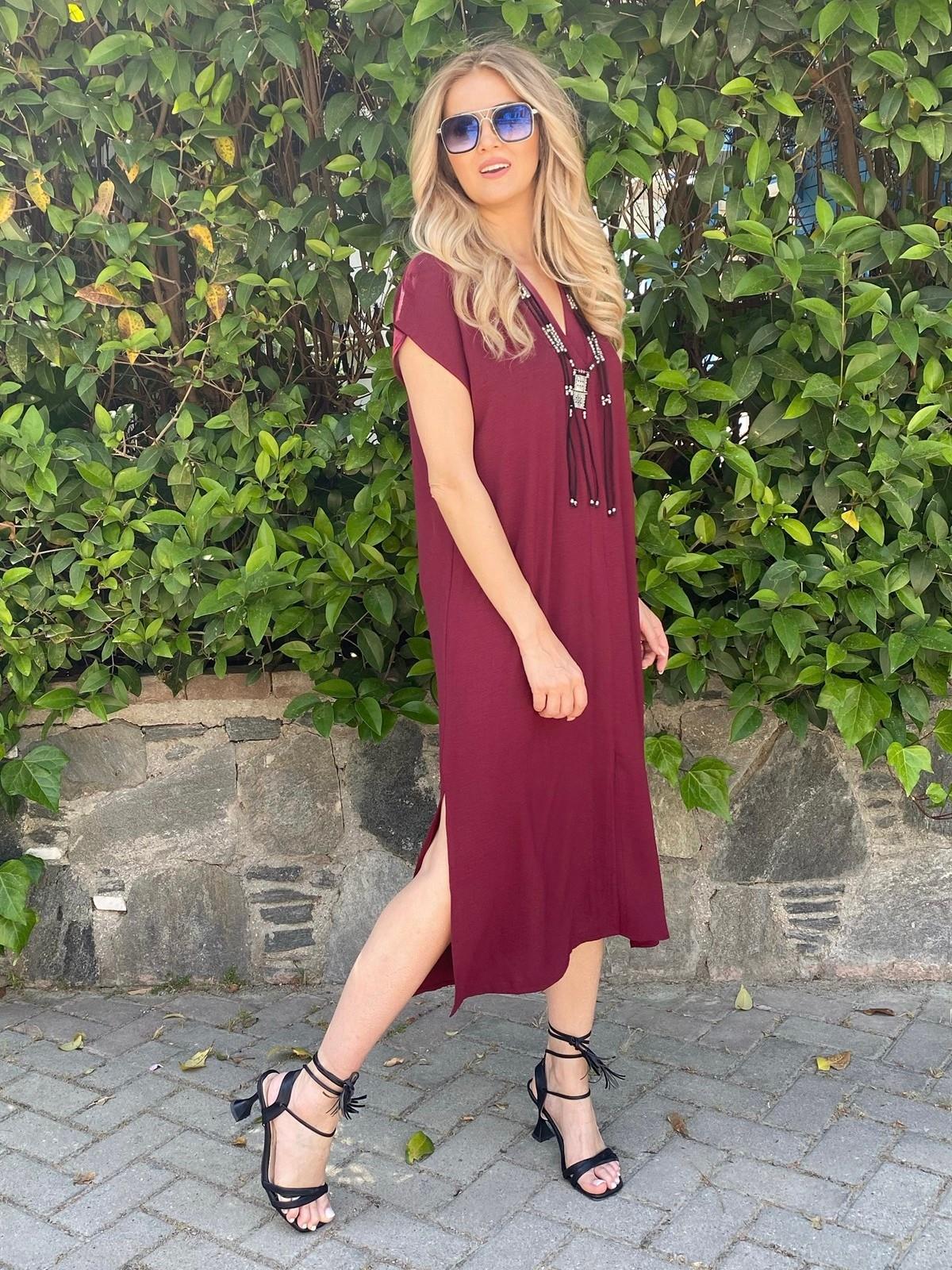 Bordo Miracle Yırtmaç Detaylı Elbise