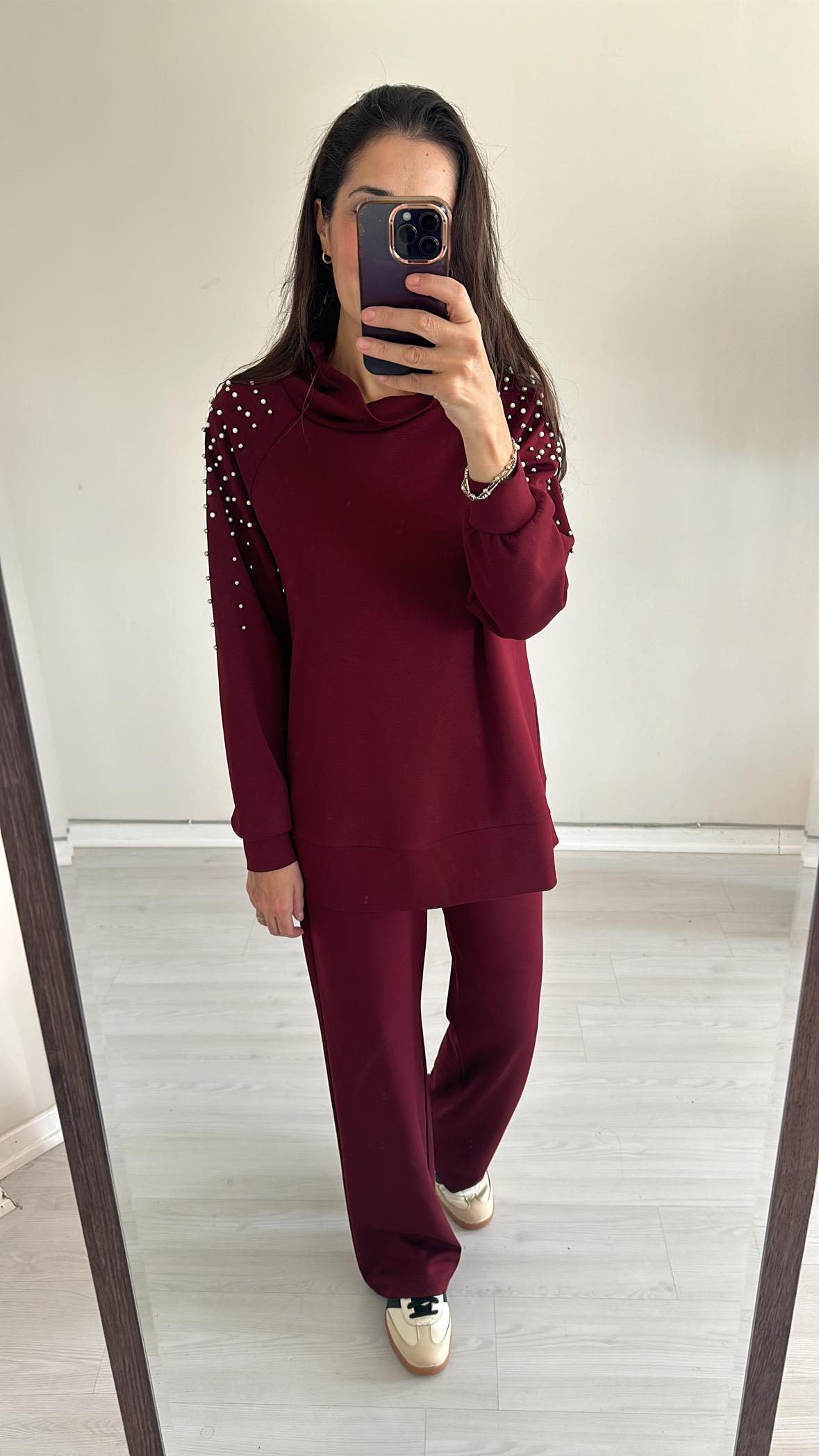 By_Que Silva taşlı  Takım bordo