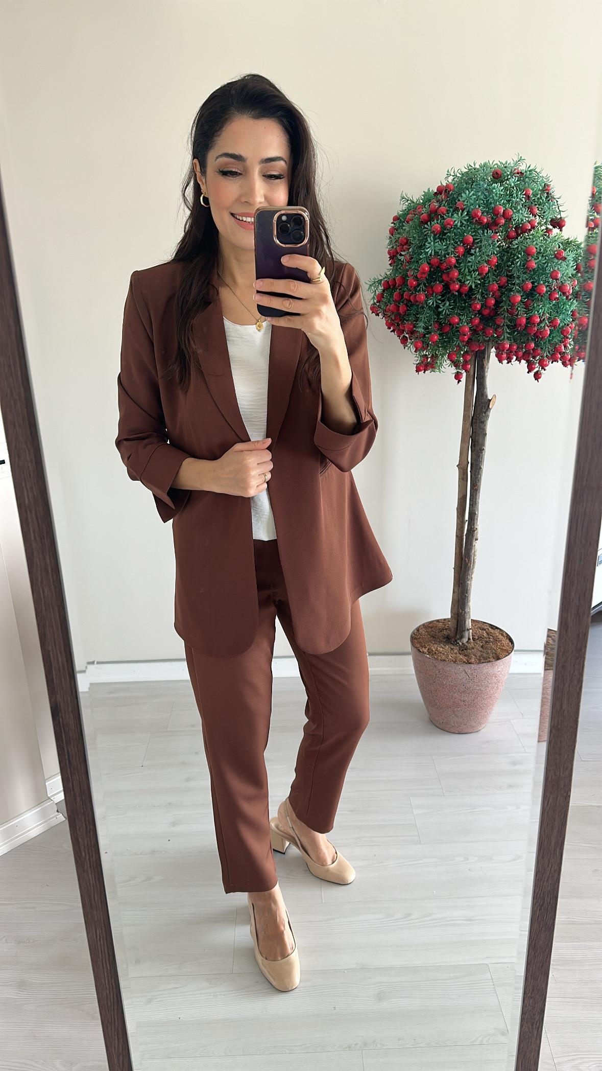 Kahve double krep dar paça  Pantalon