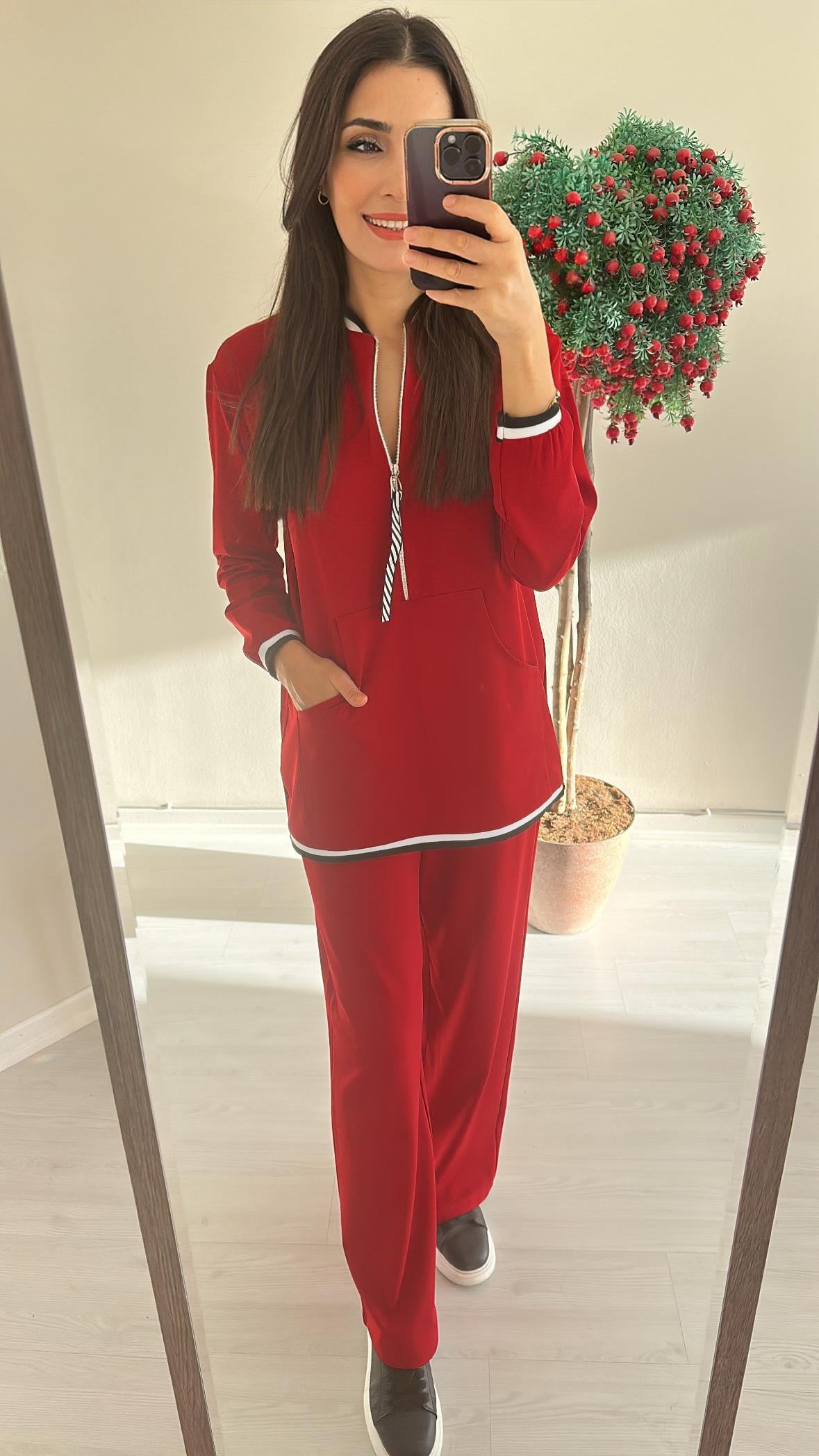 Kırmızı Chance Şerit ve Fermuar Detaylı Takım 