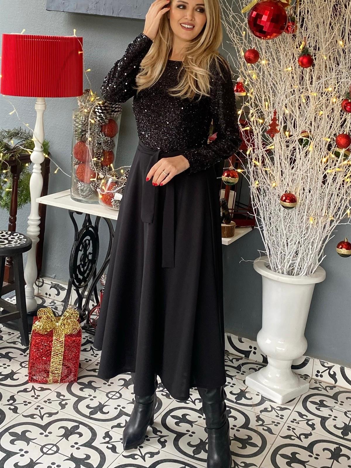 Siyah Deja Pul Detaylı Elbise