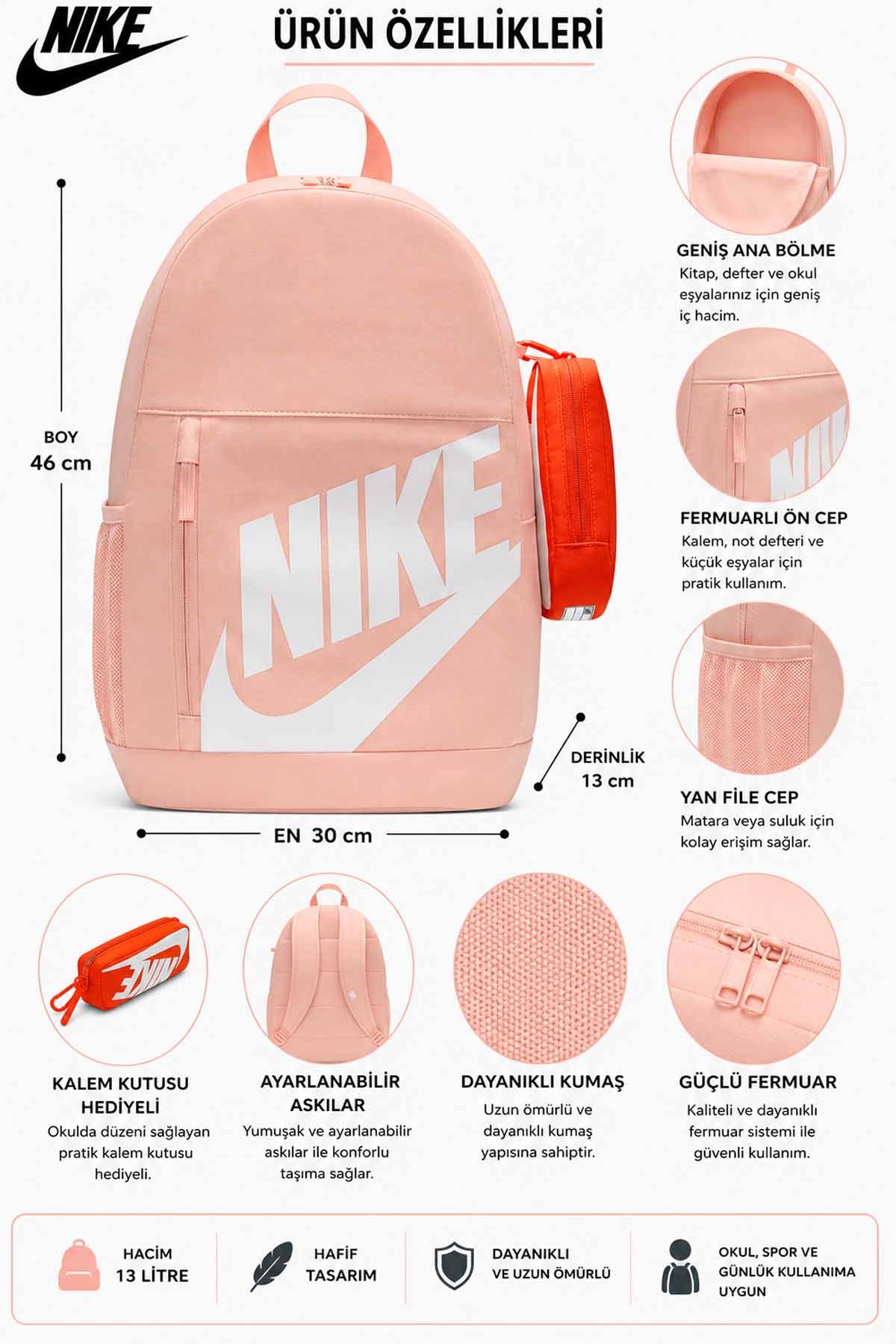 NIKESırt ÇantasıNike Y ELMNTL BKPK SHOEBOX En: 46 cm, Boy: 30 cm, Derinlik: 13 cm Unisex Sırt Çantası HJ4186-800PEMBE