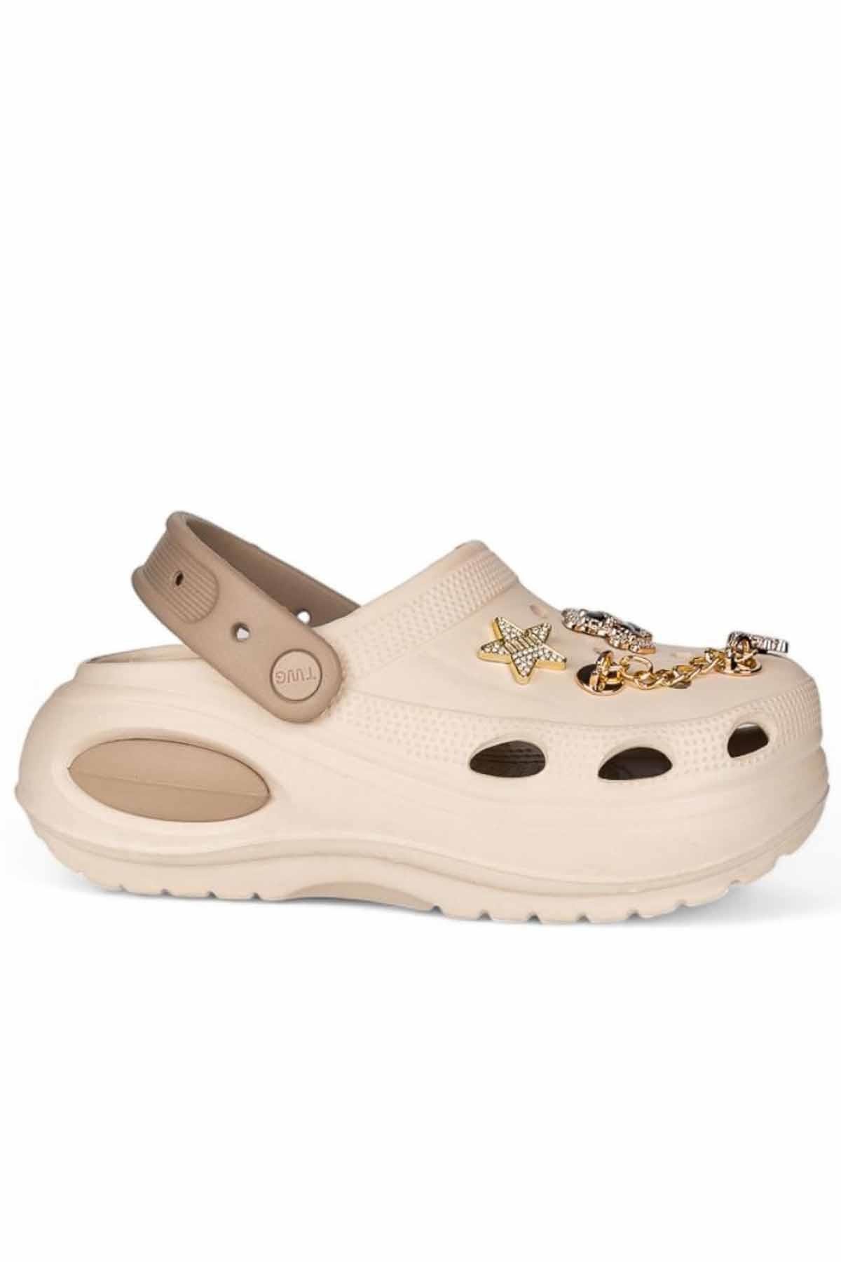 REKOR SPORTerlikKadın Yüksek Taban Taşlı Deniz Havuz Sabo Doktor Hemşire Hastane Comfort Günlük Kadın Terlik Ayakkabı R-S 642EKREkru