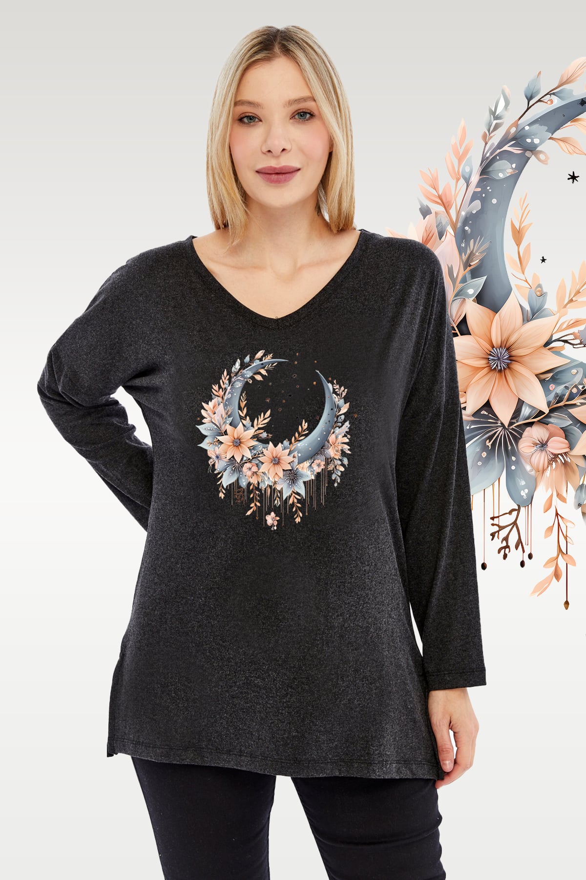 Büyük Beden Boho Hilal Baskılı V Yaka Uzun Kol Yırtmaçlı Kırçıllı Viskon Kumaş Bluz  SiyahCurvy TrendBüyük Beden Boho Hilal Baskılı V Yaka Uzun Kol Yırtmaçlı Kırçıllı Viskon Kumaş Bluz  Siyah