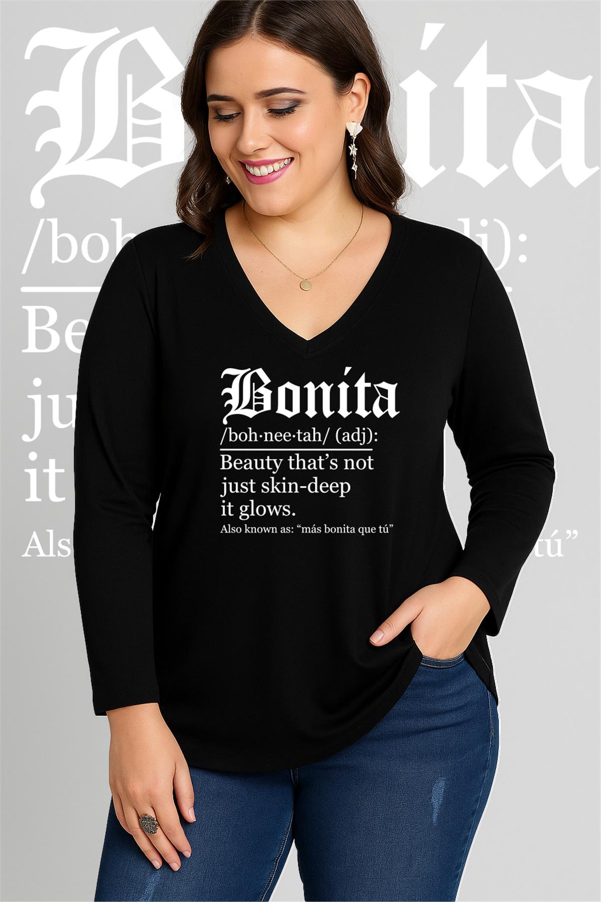 Büyük Beden Bonita Baskılı V Yaka Uzun Kol Geniş Etekli Bluz SiyahCurvy TrendBüyük Beden Bonita Baskılı V Yaka Uzun Kol Geniş Etekli Bluz Siyah