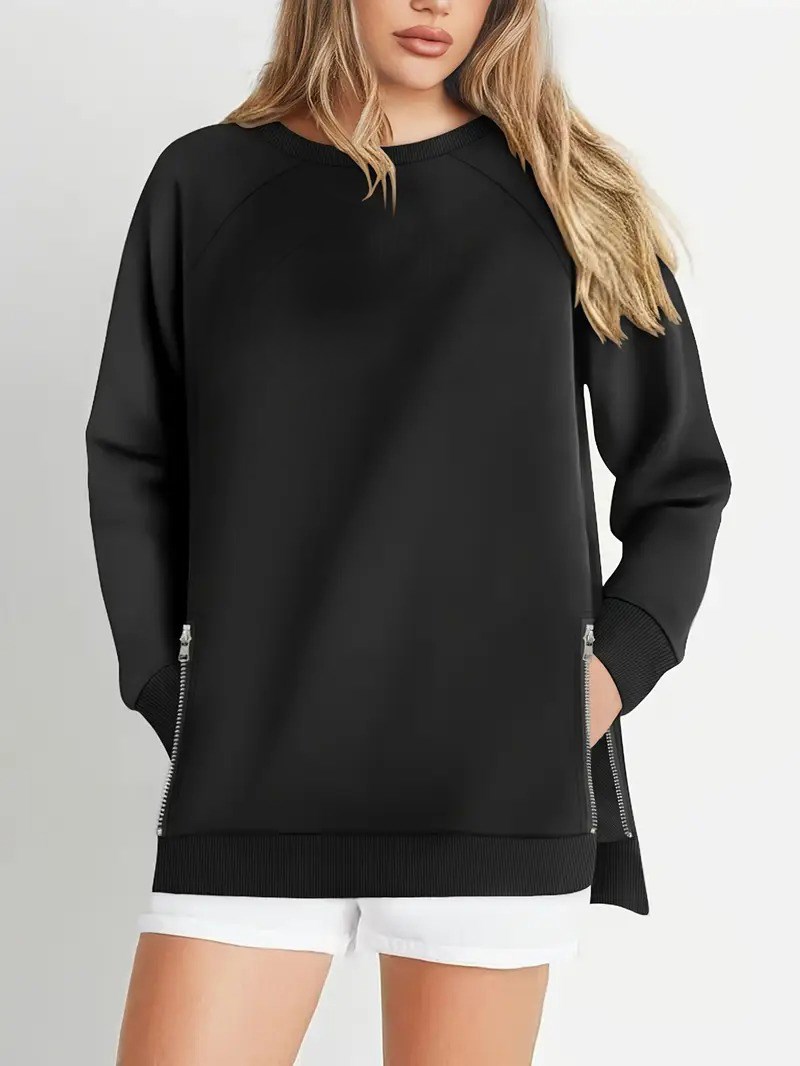 Büyük Beden Fermur Yırtmaç Detaylı Oysho Kumaş Reglan Kol Sweashirt SiyahCurvy TrendBüyük Beden Fermuar Yırtmaç Detaylı Oysho Kumaş Reglan Kol Sweashirt Siyah