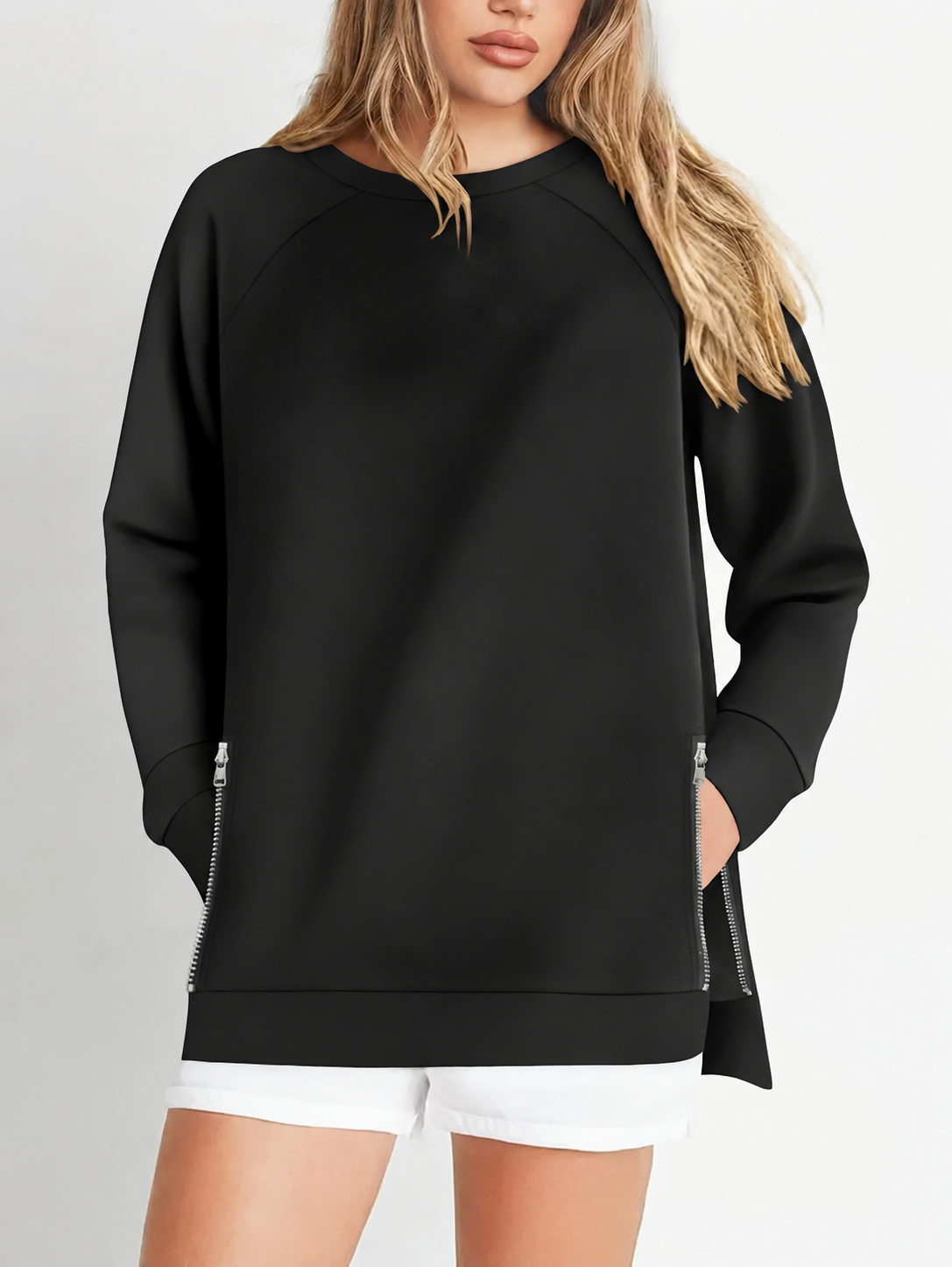 Büyük Beden Fermur Yırtmaç Detaylı Oysho Kumaş Reglan Kol Sweashirt SiyahCurvy TrendBüyük Beden Fermuar Yırtmaç Detaylı Oysho Kumaş Reglan Kol Sweashirt Siyah