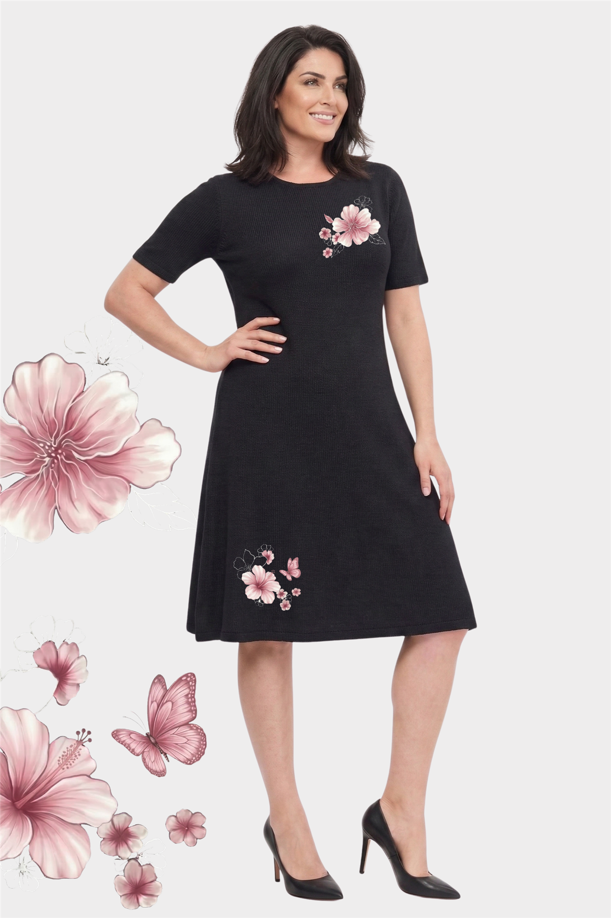 Büyük Beden Hibiskus Çiçek Baskılı Yuvarlak Yaka Kısa Kol Viskon Elbise SiyahCurvy TrendBüyük Beden Hibiskus Çiçek Baskılı Yuvarlak Yaka Kısa Kol Viskon Elbise Siyah