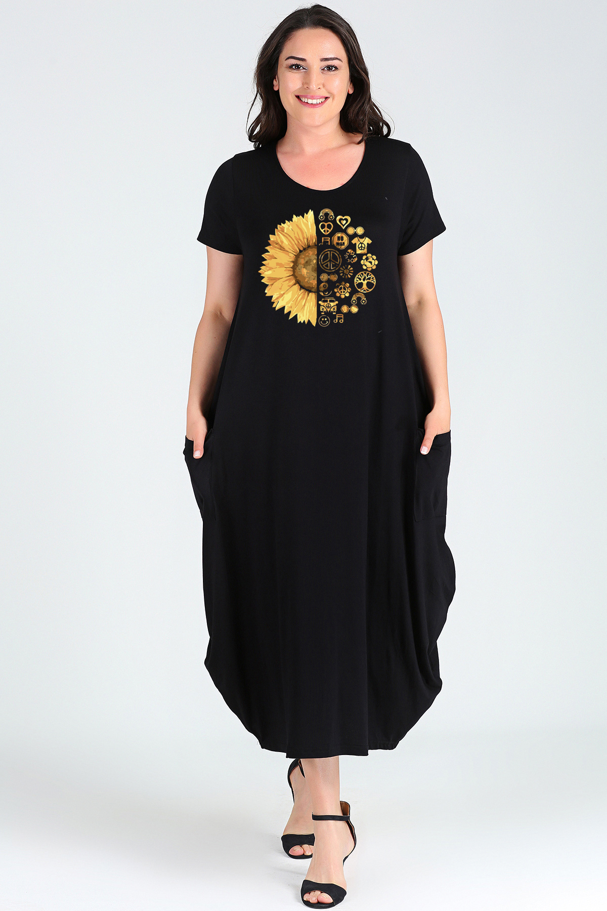 Büyük Beden Sun Flower Baskılı Jumbo Kısa Kol Elbise SiyahCurvy TrendBüyük Beden Sun Flower Baskılı Jumbo Kısa Kol Elbise Siyah