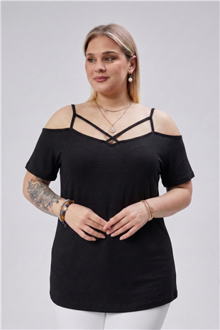 Büyük Beden Çapraz Biye Askılı Bluz SiyahCurvy TrendBüyük Beden Çapraz Biye Askılı Bluz Siyah